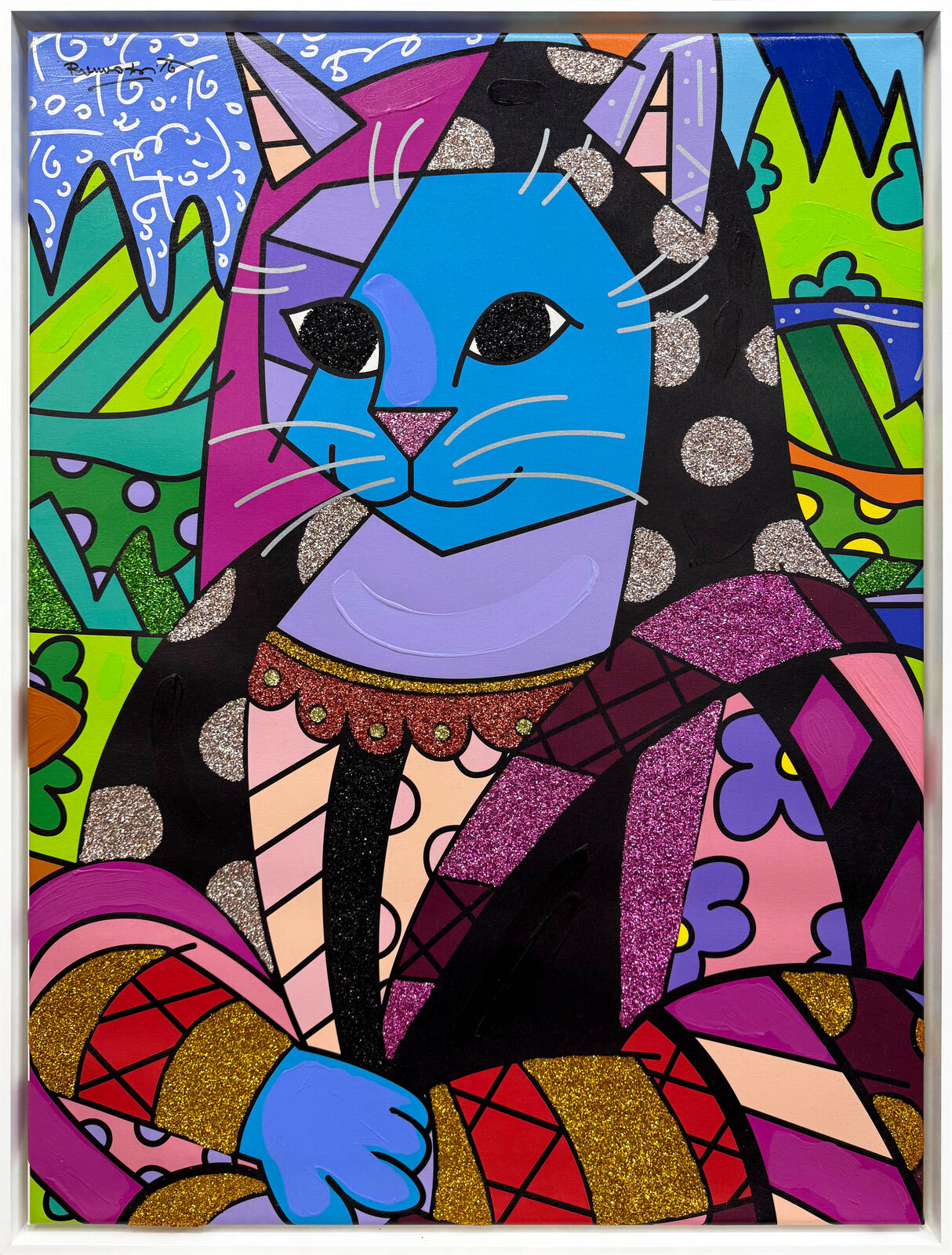 A painting of a blue cat wearing a colorful dress.