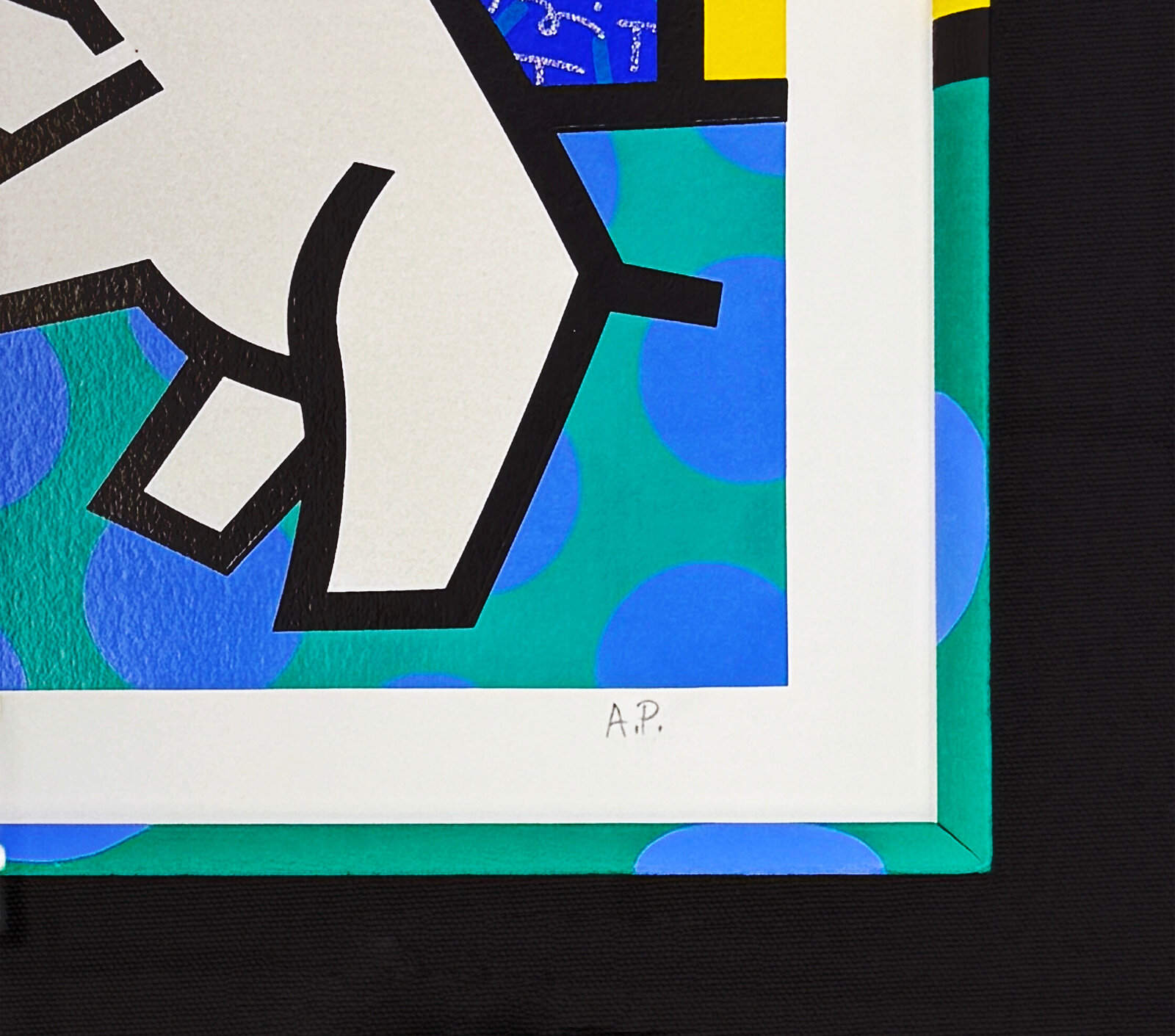 A vibrant pop-art print of a dancing figure with a dog against a colorful geometric background.