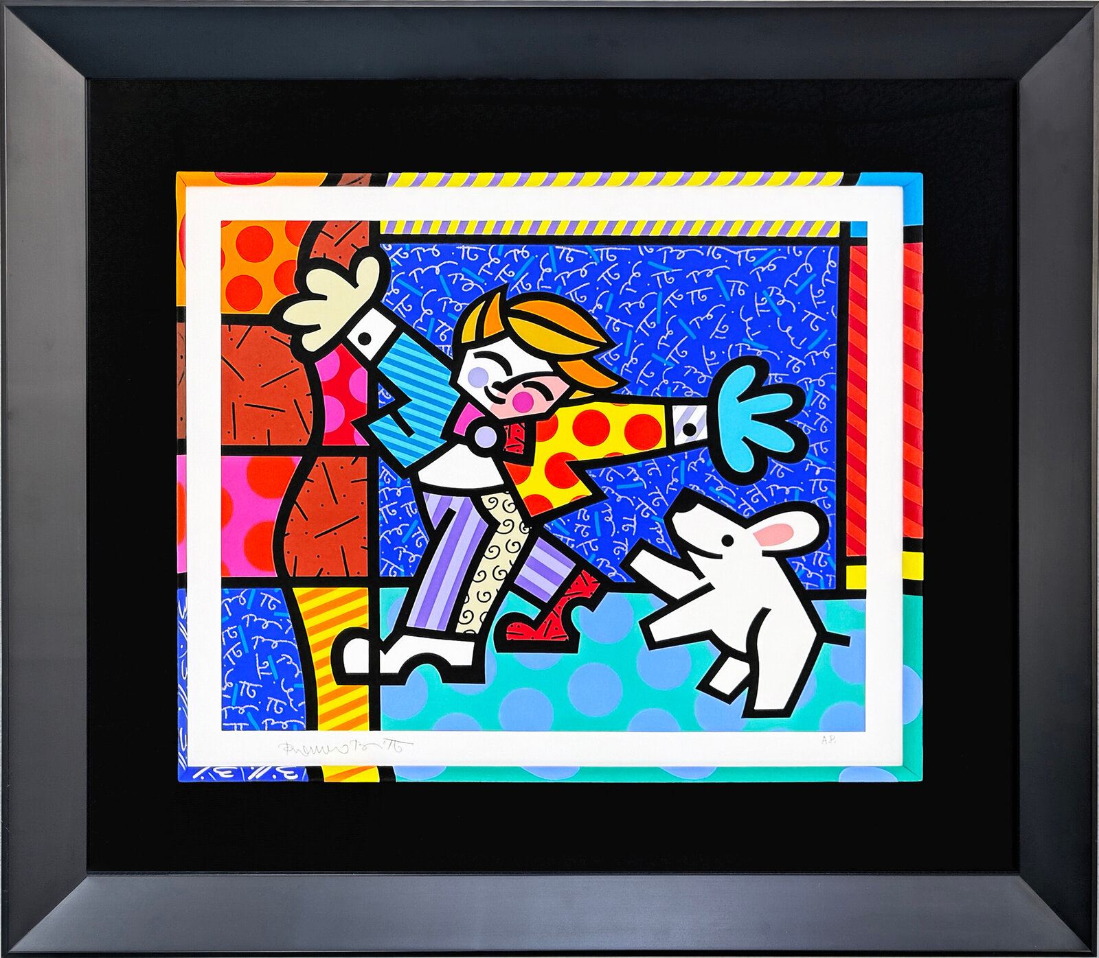 A vibrant pop-art print of a dancing figure with a dog against a colorful geometric background.