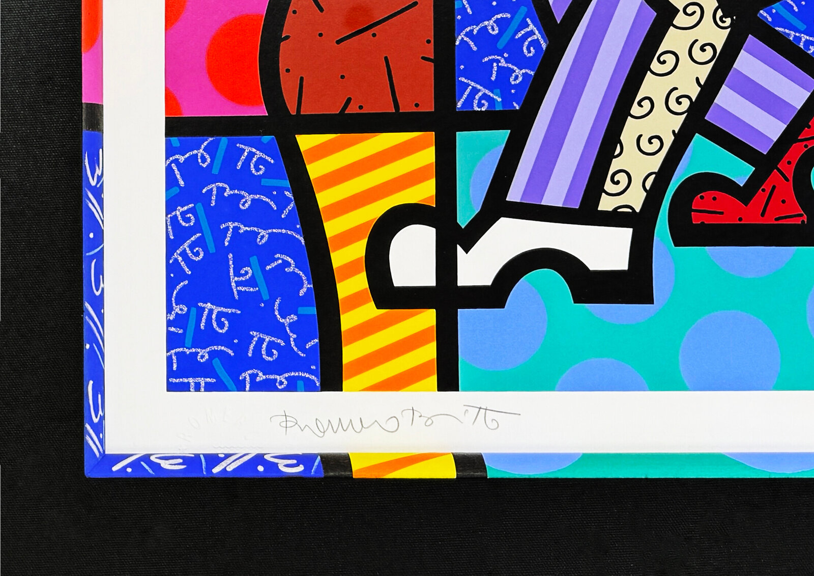 A vibrant pop-art print of a dancing figure with a dog against a colorful geometric background.