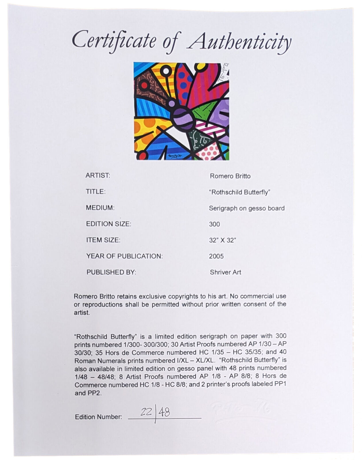 Artwork by Romero Britto, Rothschild Butterfly (hand signed on gesso board), Made of Serigraph On Gesso Board 