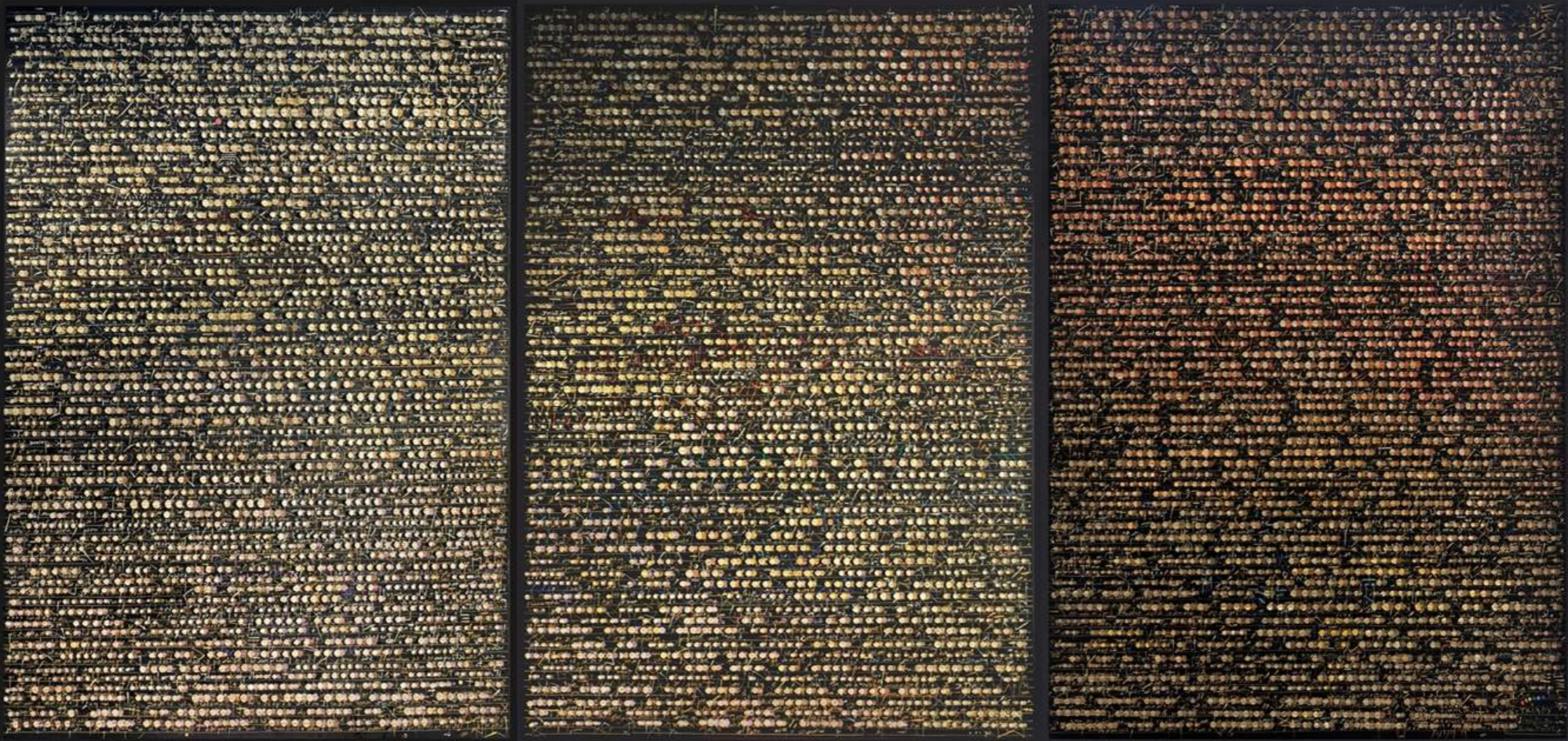 a black and gold wall with a bunch of gold dots on it