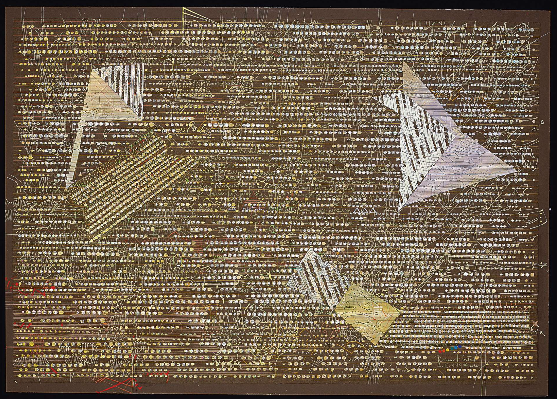 A piece of art that is made out of gold and silver.