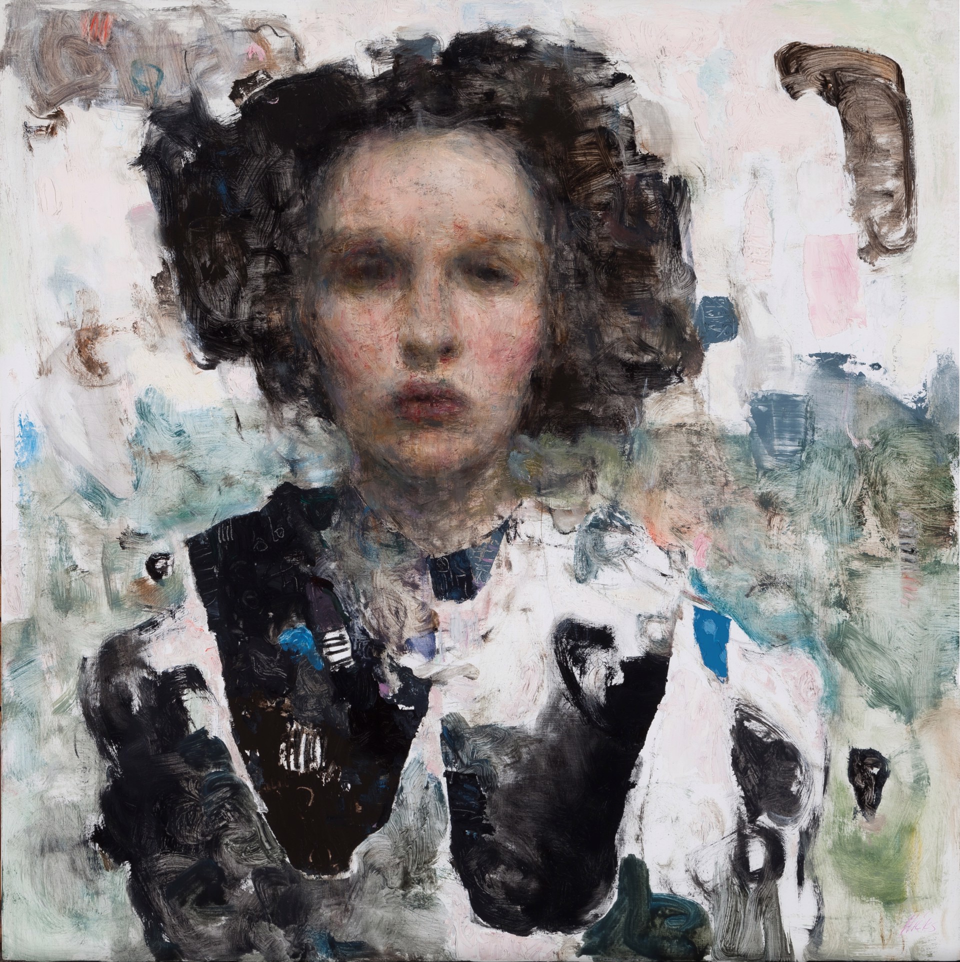 A portrait of a person with dark curly hair and a black vest against an abstract background.