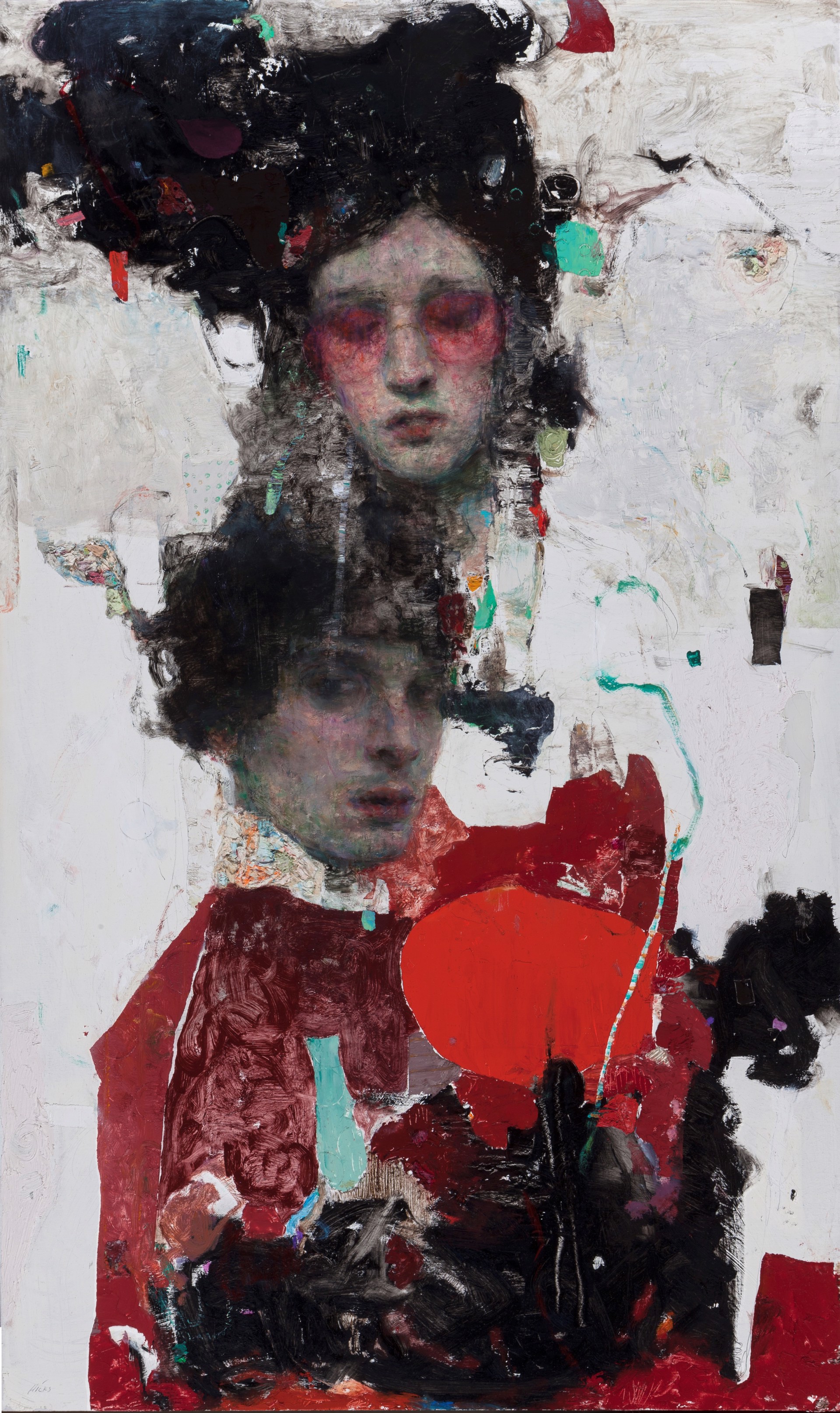 A painting of a woman with a red heart in her hair.