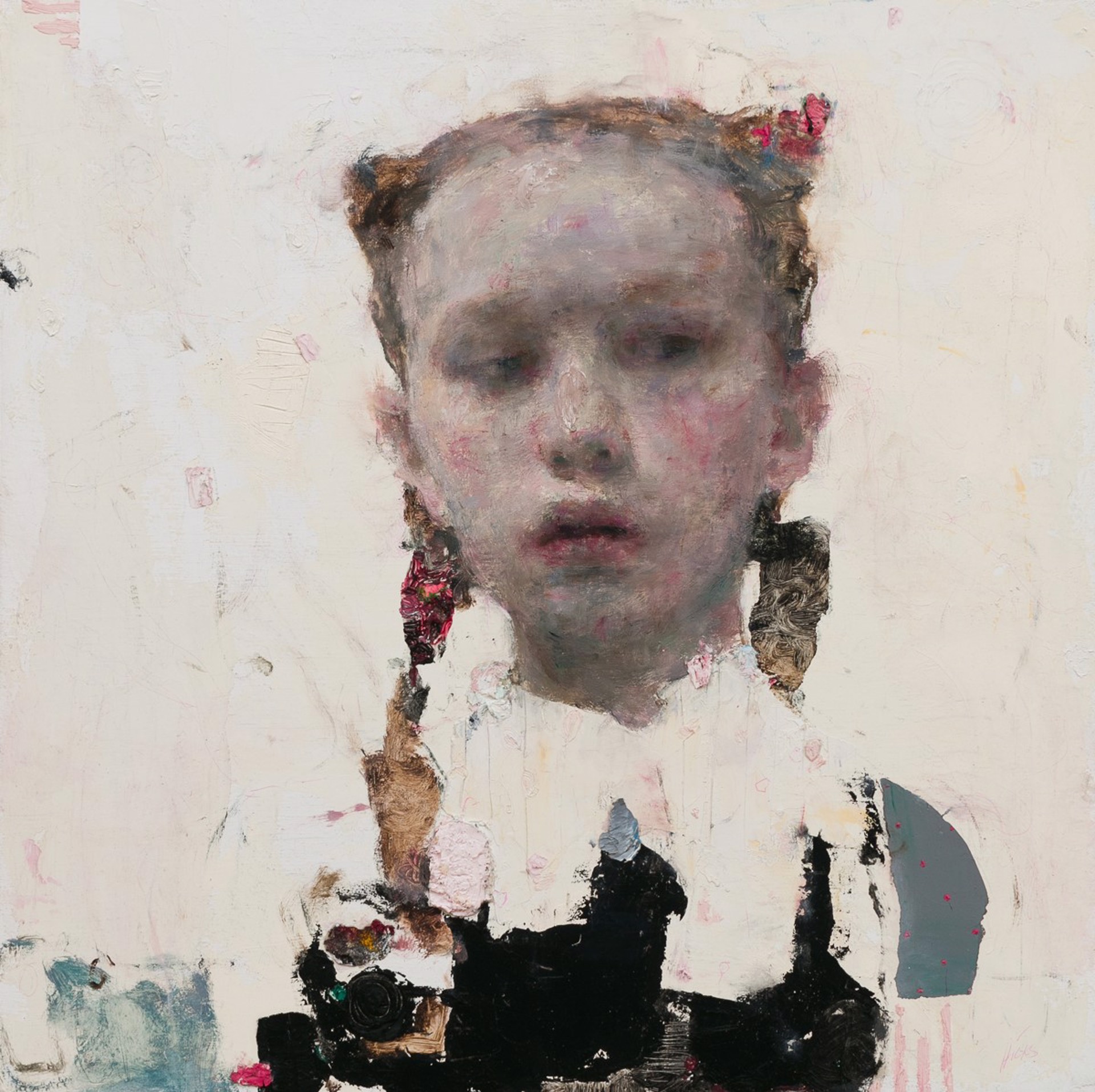 A painting of a young girl with a camera in her hand.