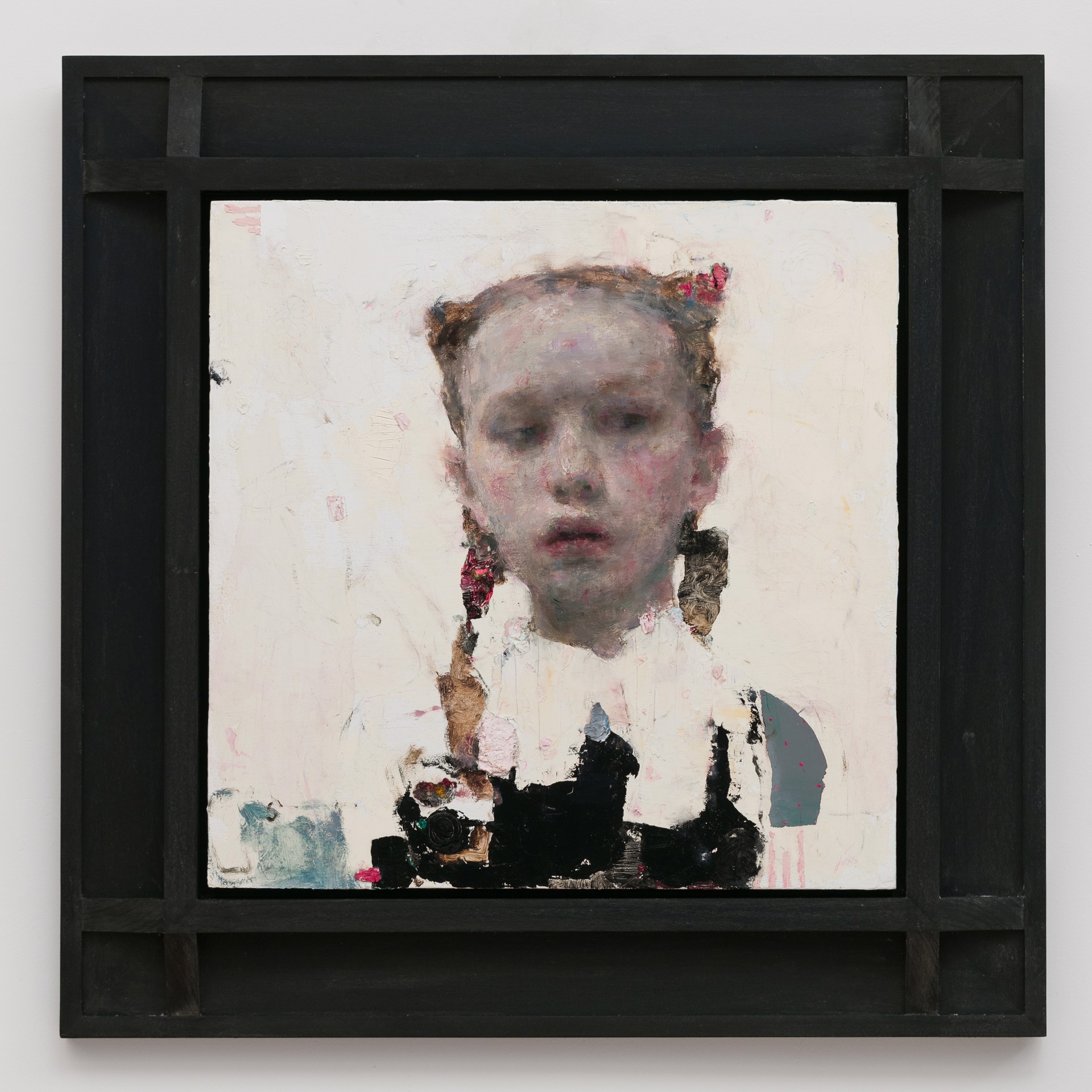 A painting of a young girl with a camera in her hand.