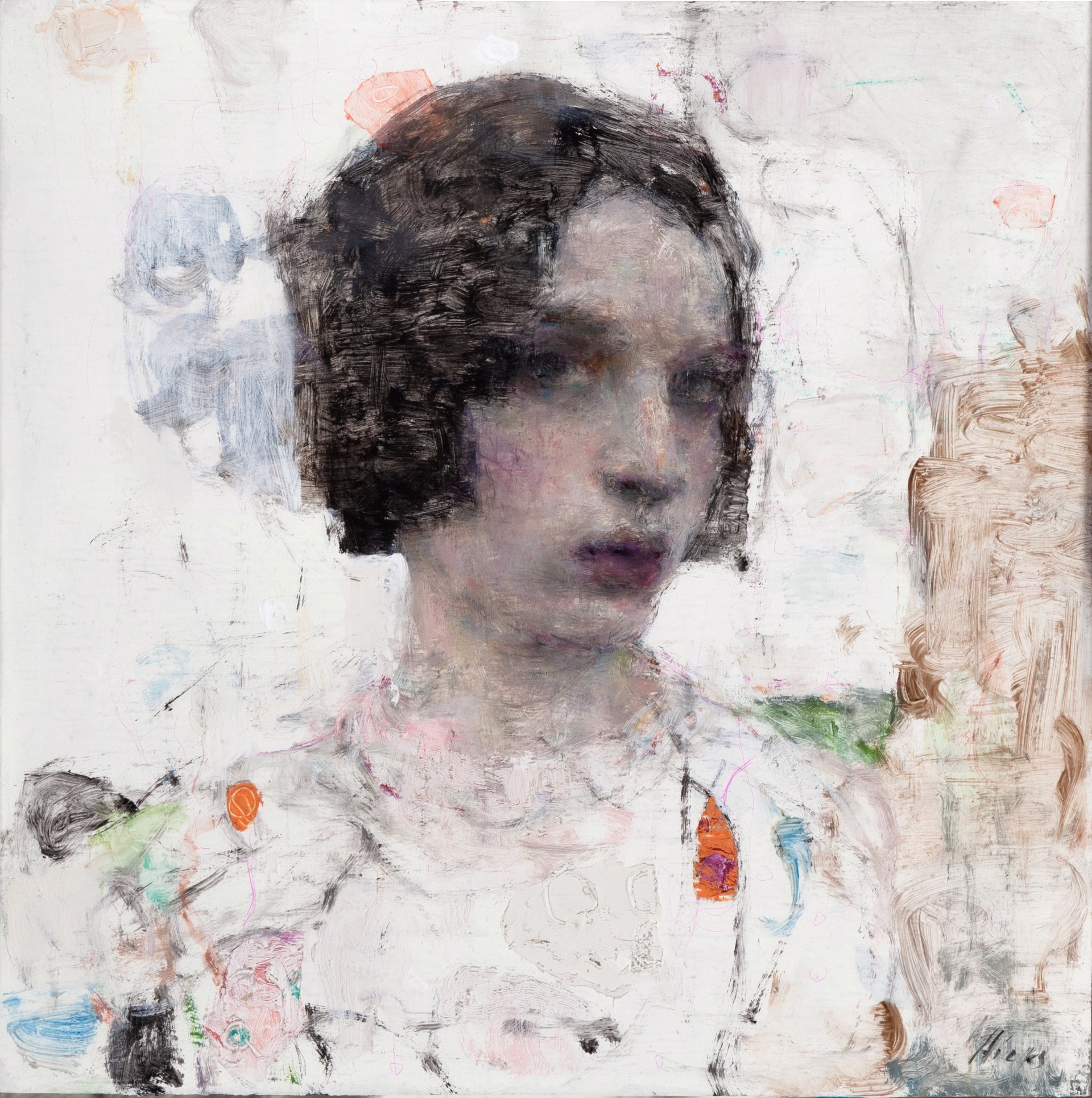 A painting of a young girl in a white dress.