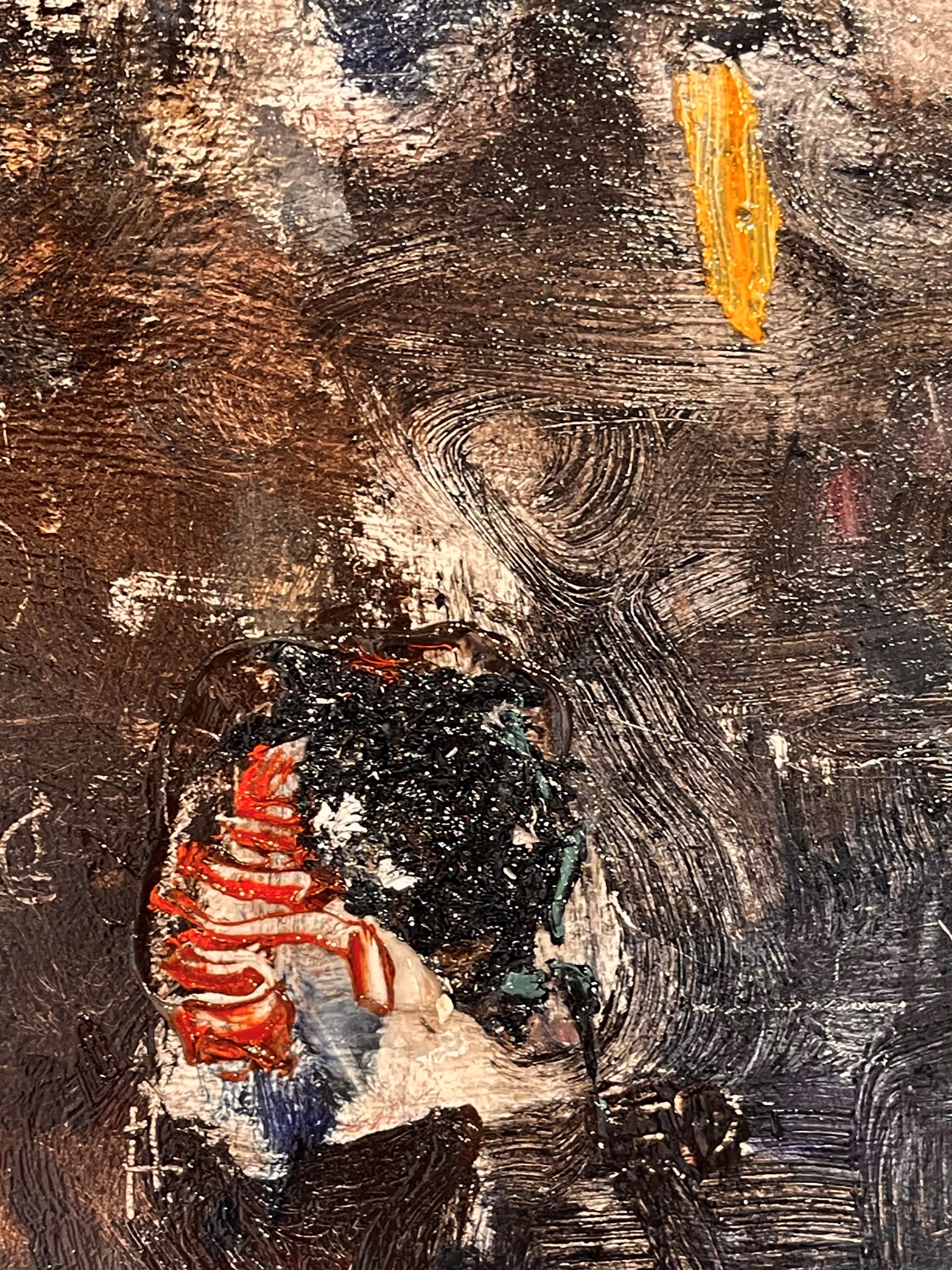 A painting of a woman in a white dress and hat.