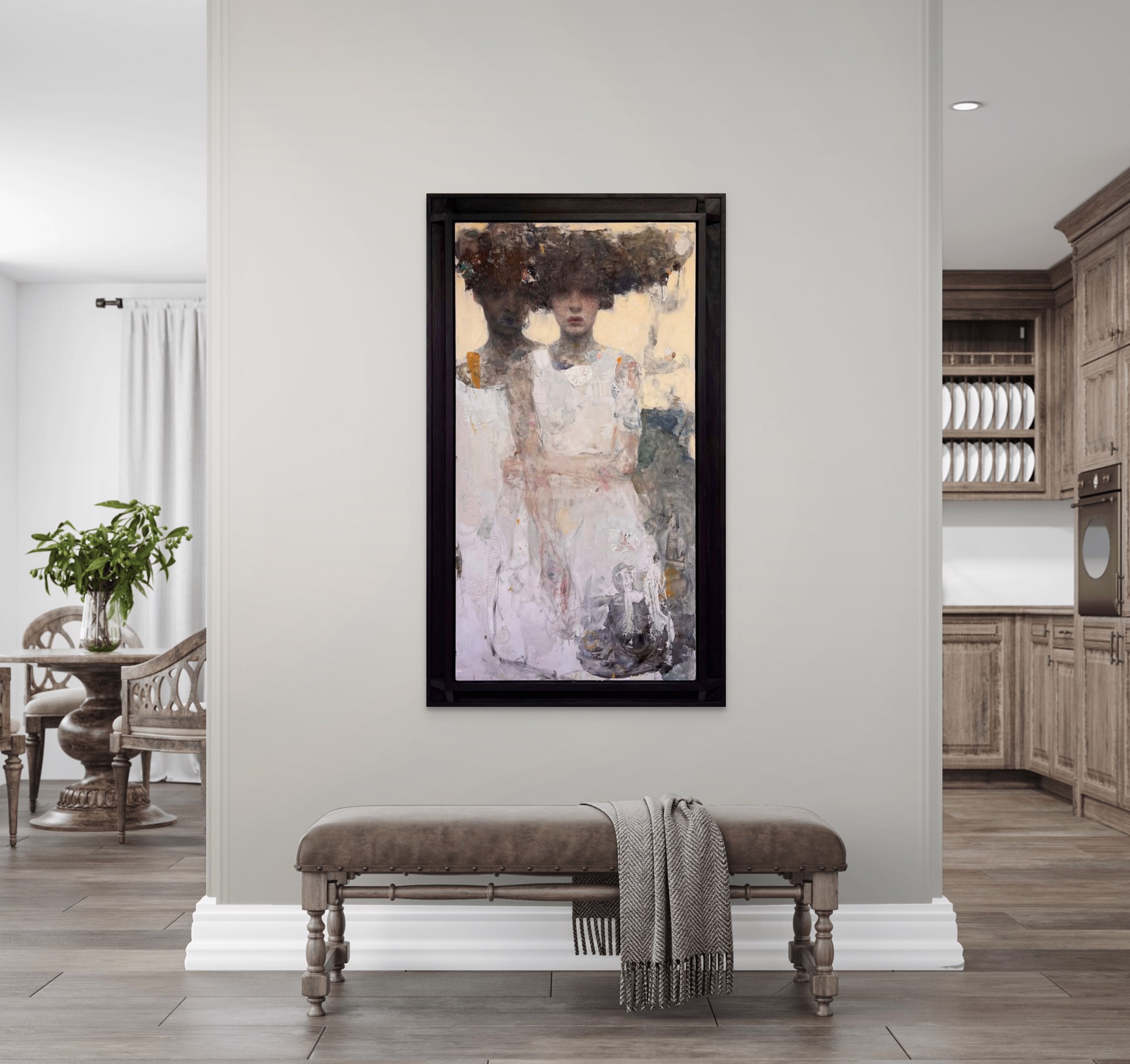 A painting of a woman in a white dress and hat.