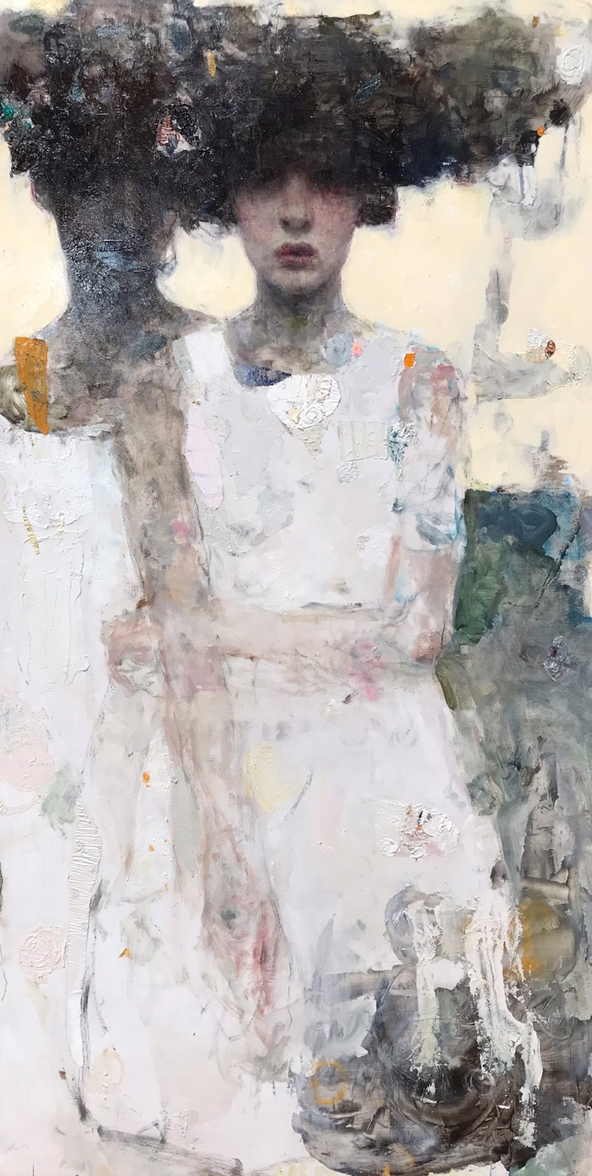 A painting of a woman in a white dress and hat.