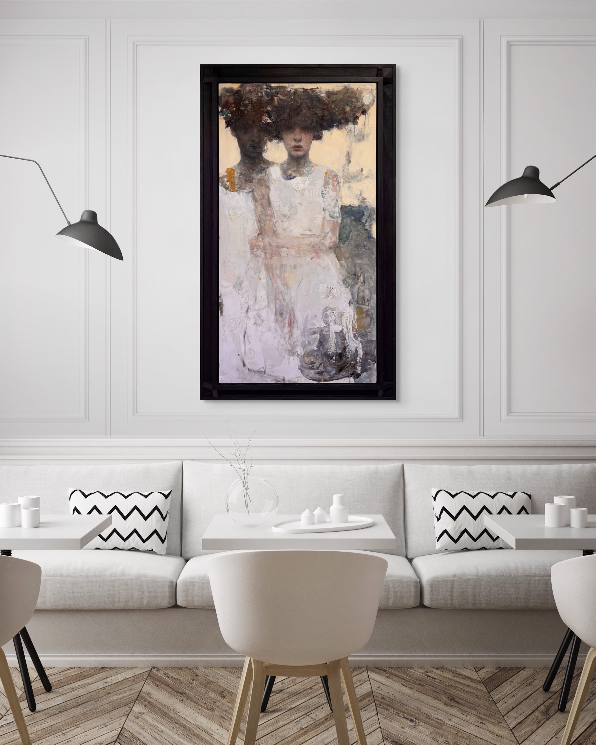 A painting of a woman in a white dress and hat.