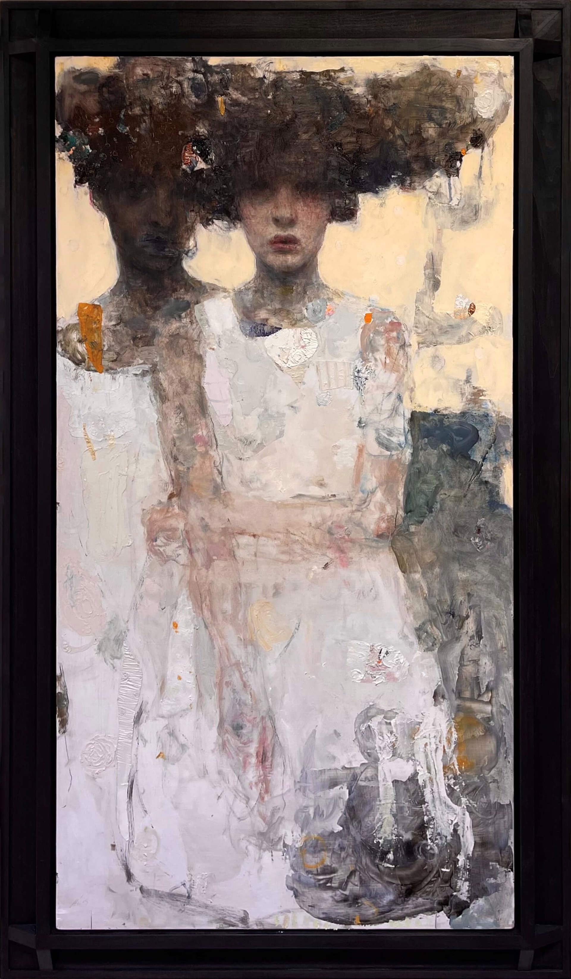 A painting of a woman in a white dress and hat.