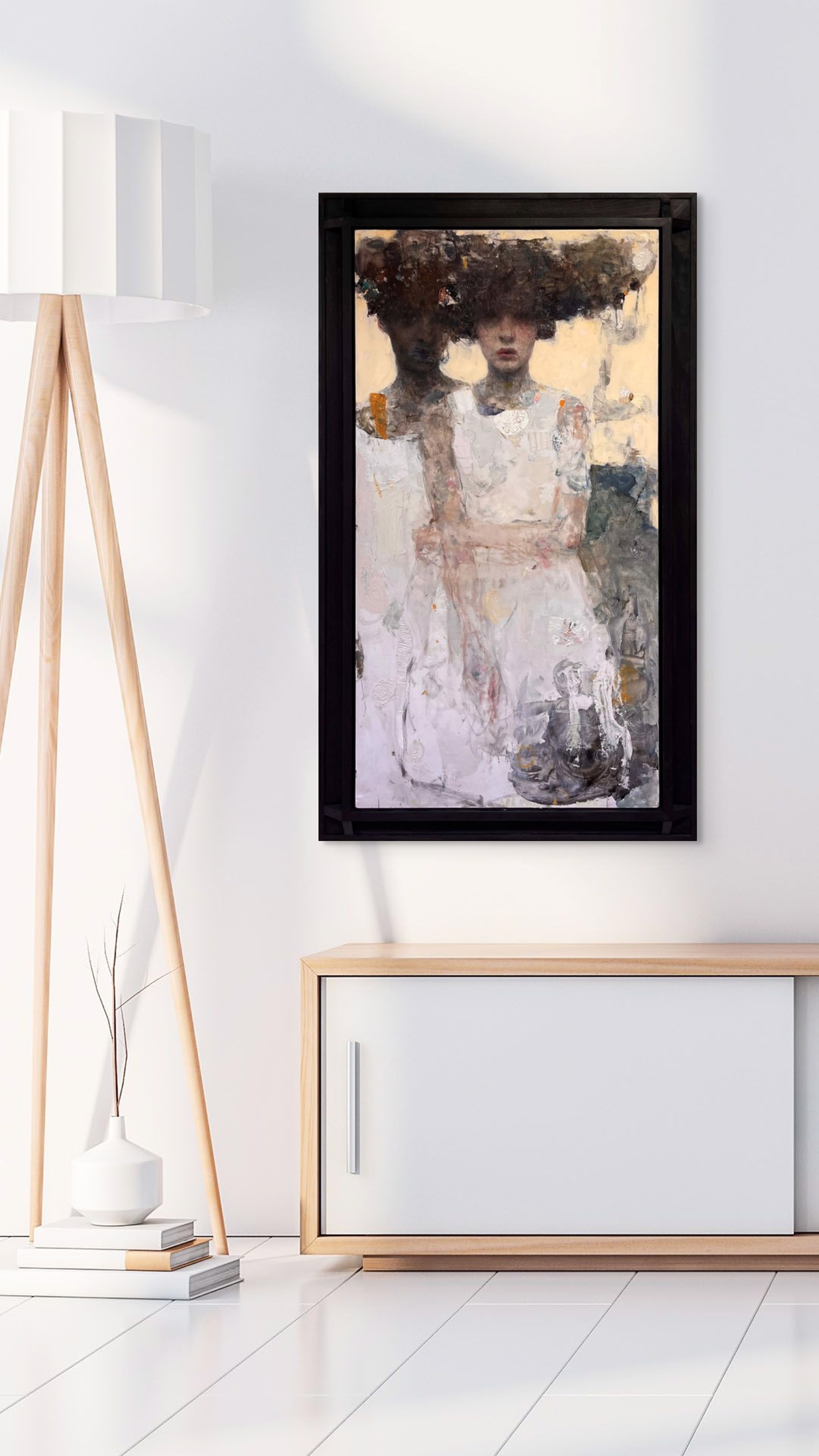 A painting of a woman in a white dress and hat.