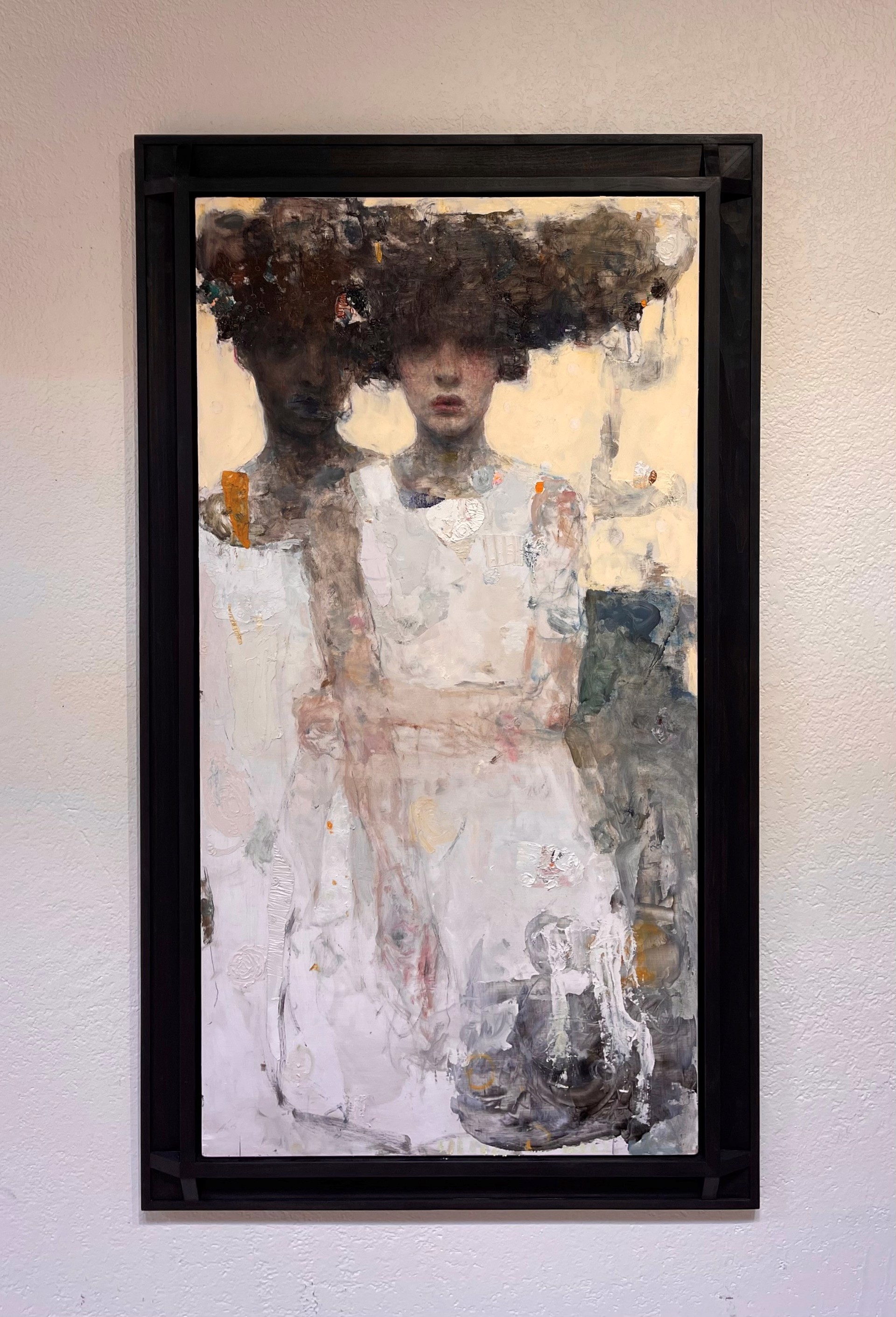 A painting of a woman in a white dress and hat.