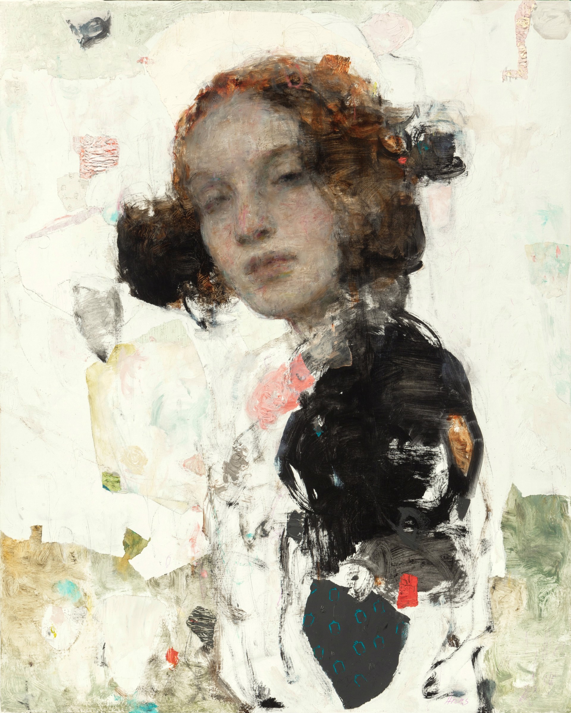 A painting of a woman with red hair and a black dress.