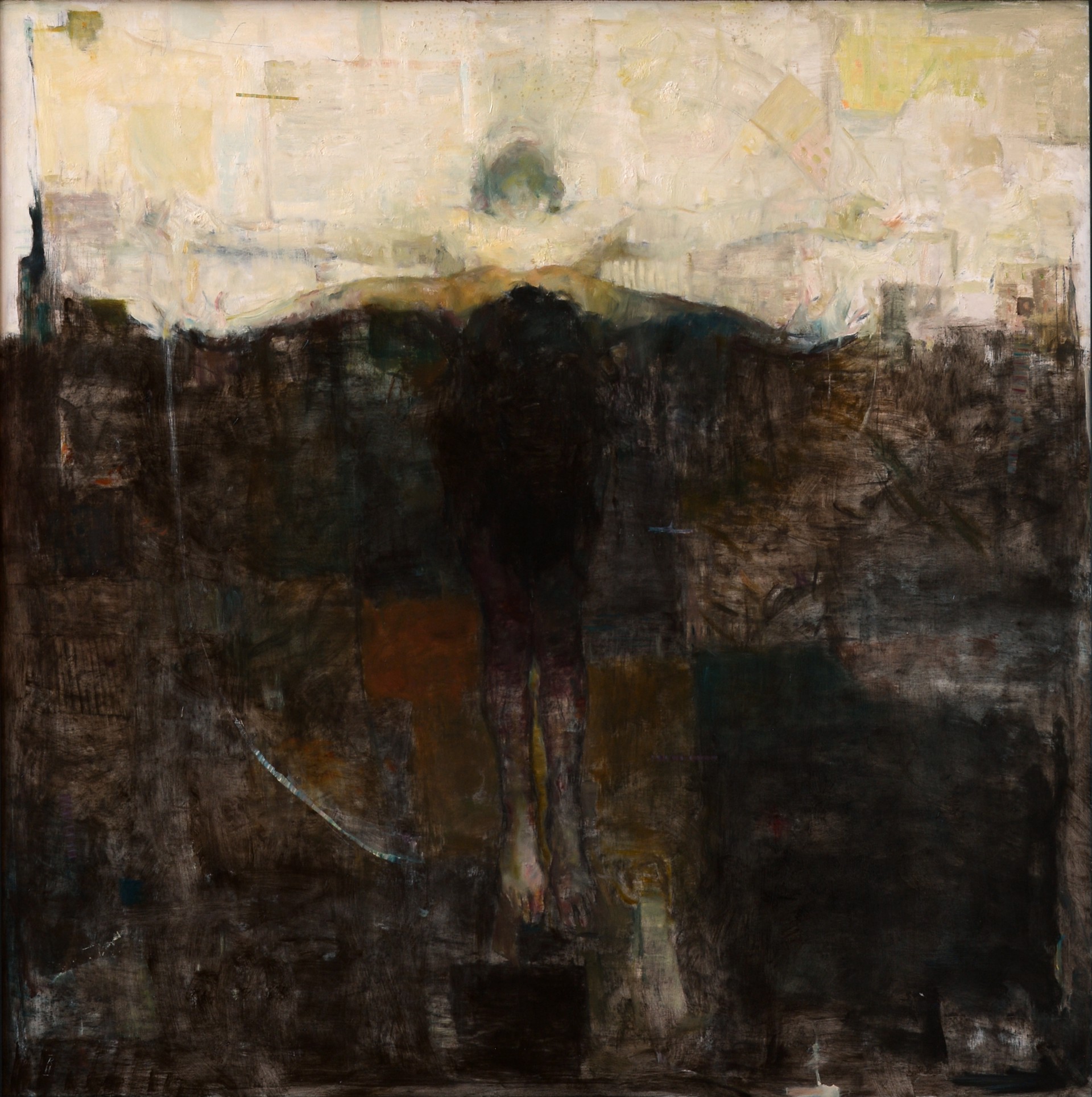 A dark, textured painting of a solitary figure standing in shadow against a pale horizon.