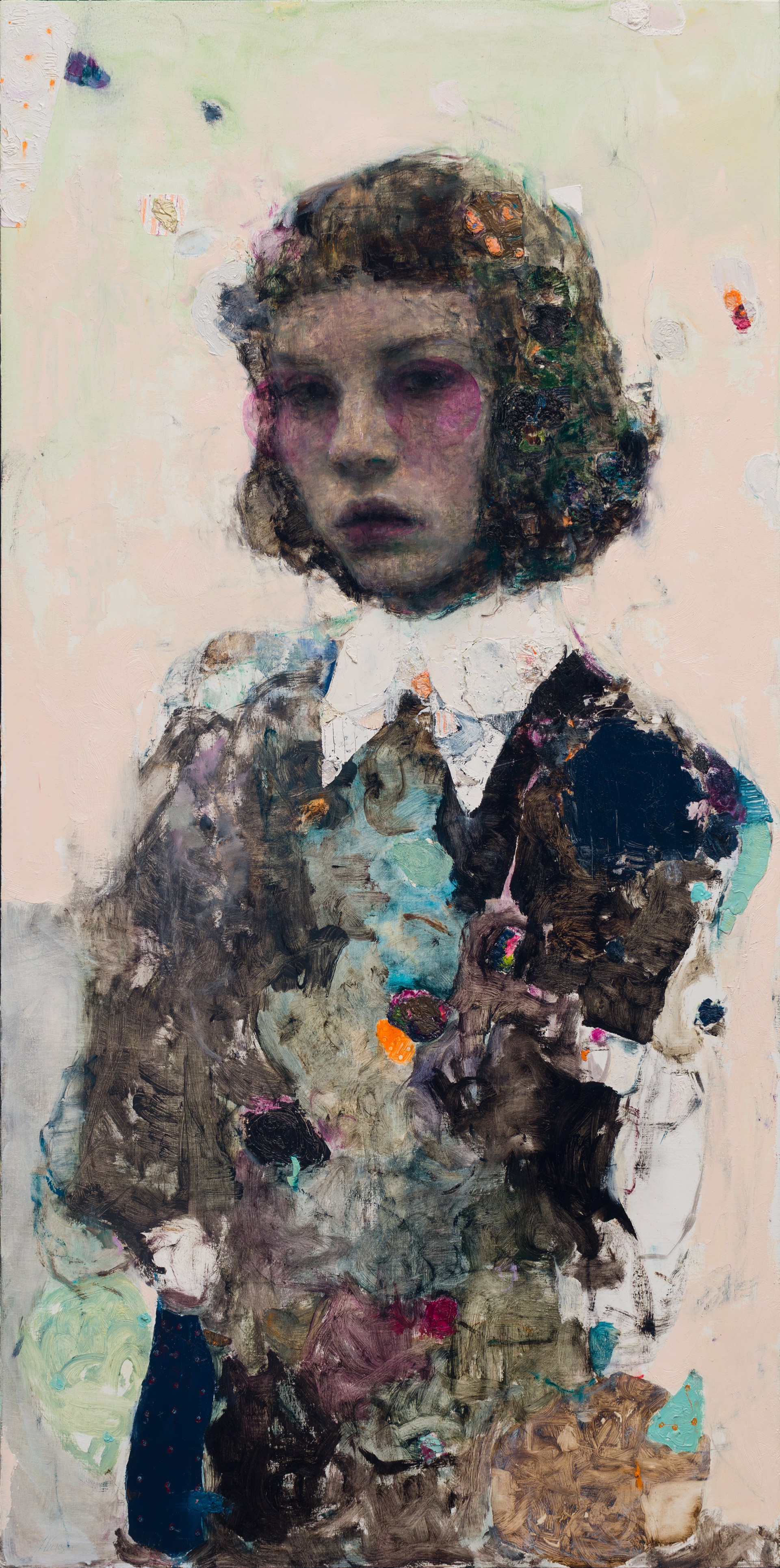 A painting of a young girl with curly hair and a white shirt.