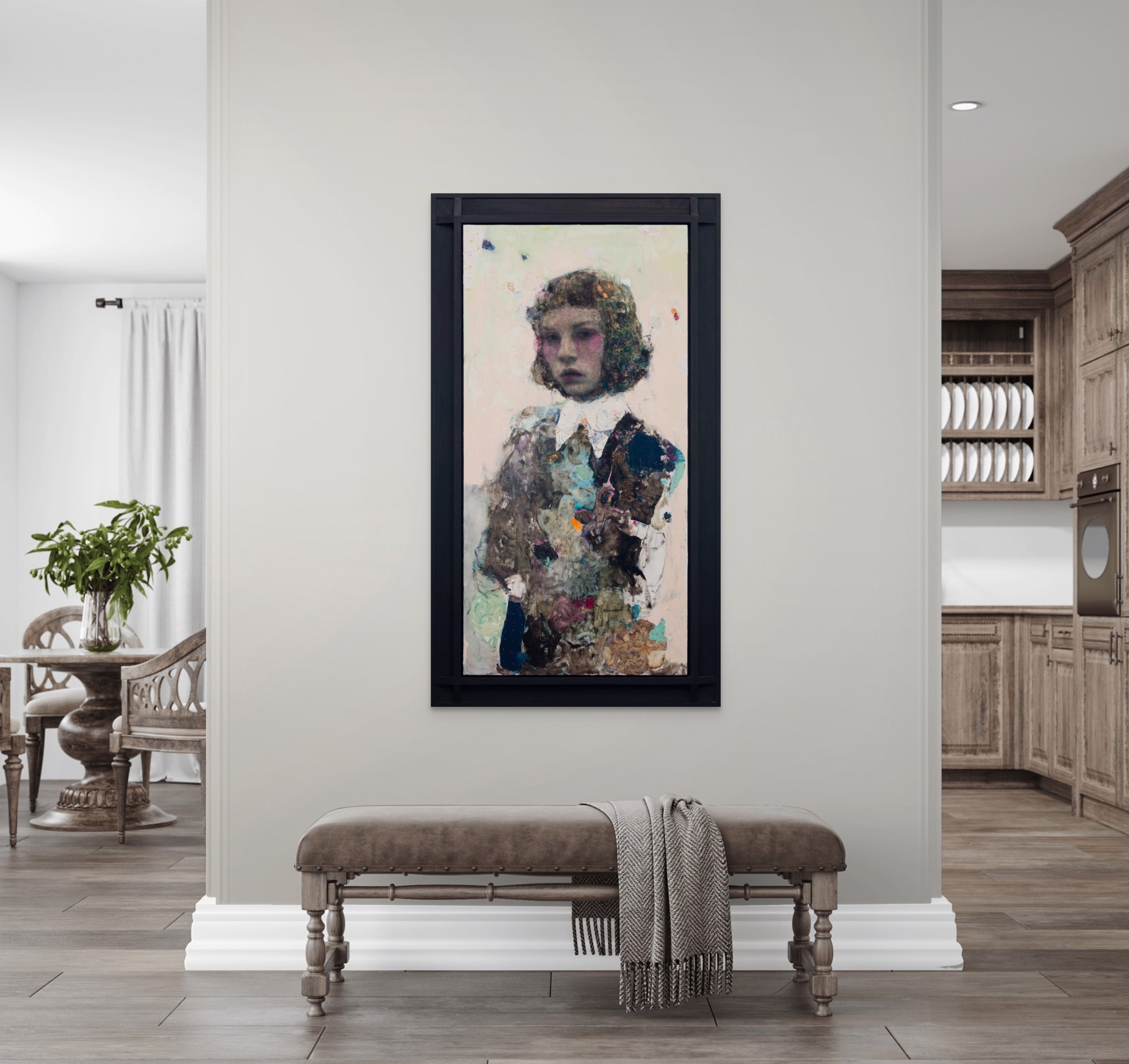 A painting of a young girl with curly hair and a white shirt.