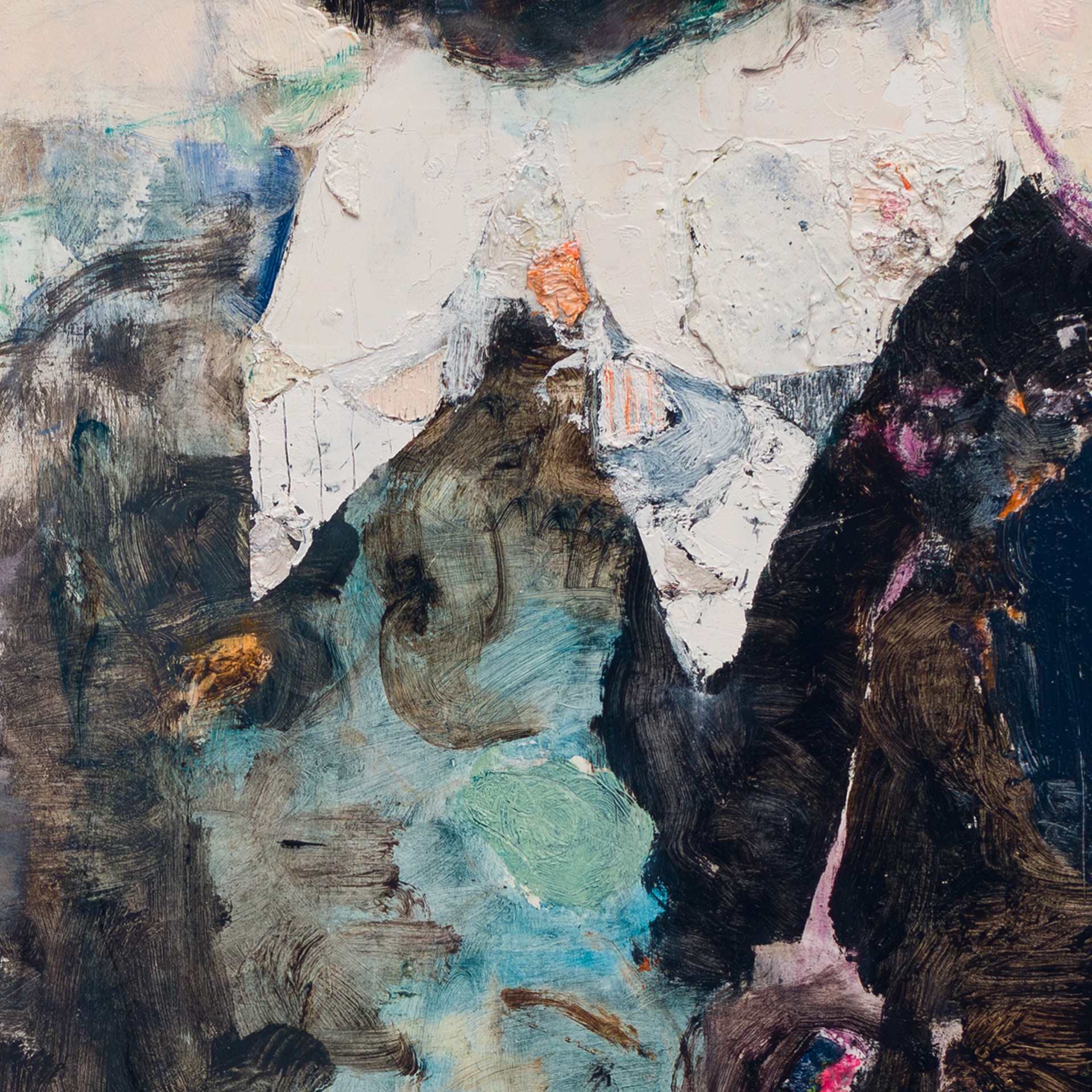 A painting of a young girl with curly hair and a white shirt.