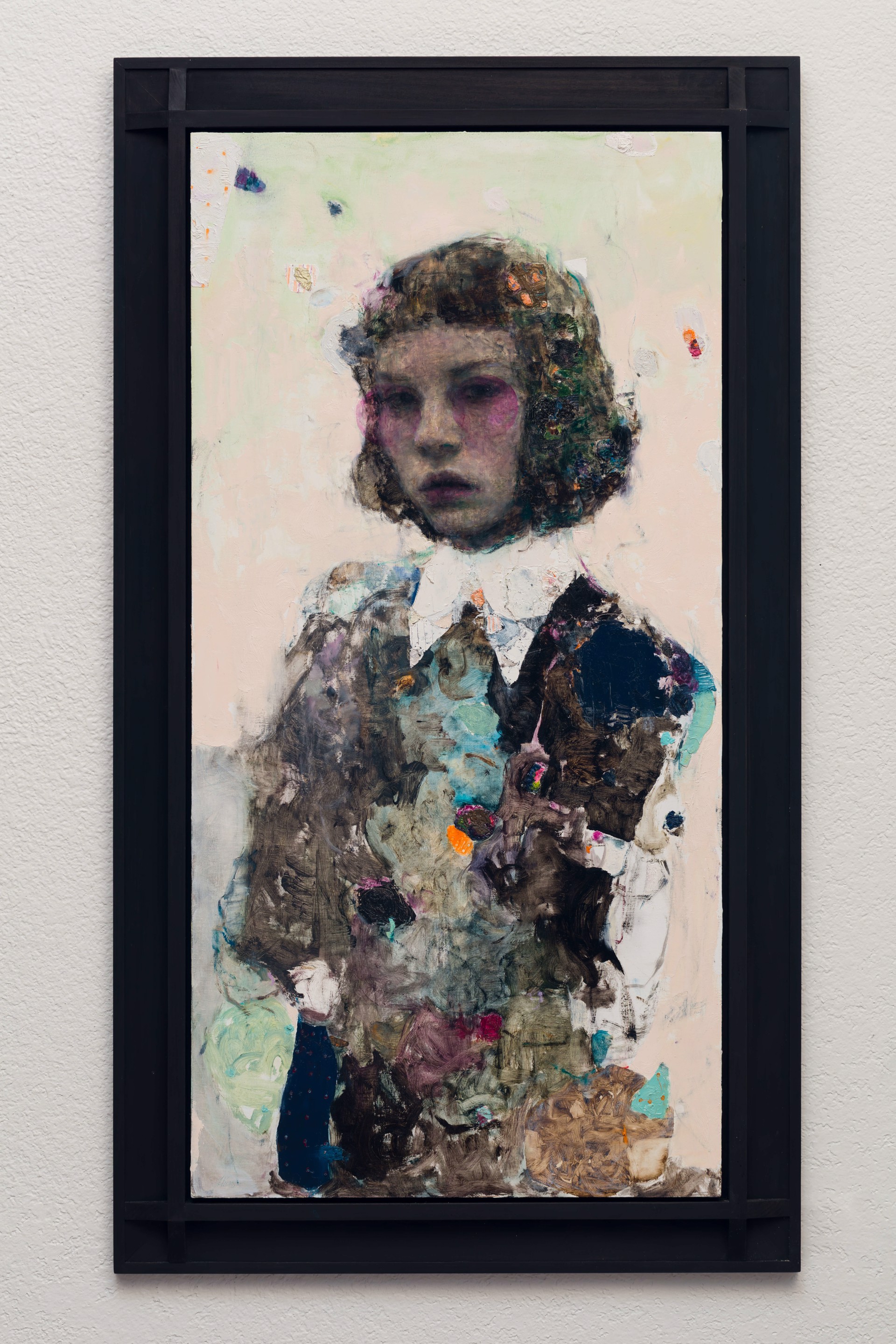 A painting of a young girl with curly hair and a white shirt.