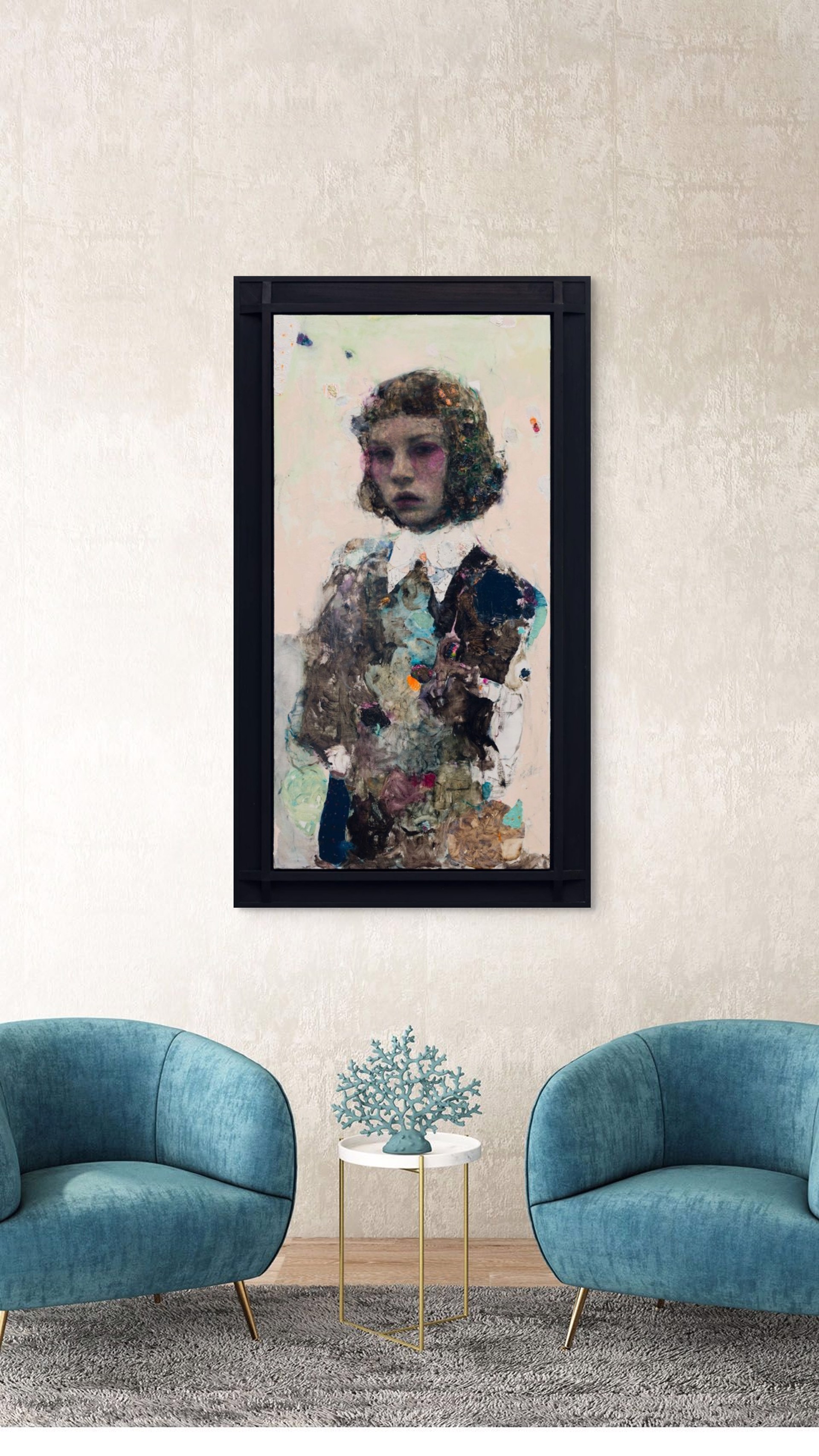 A painting of a young girl with curly hair and a white shirt.