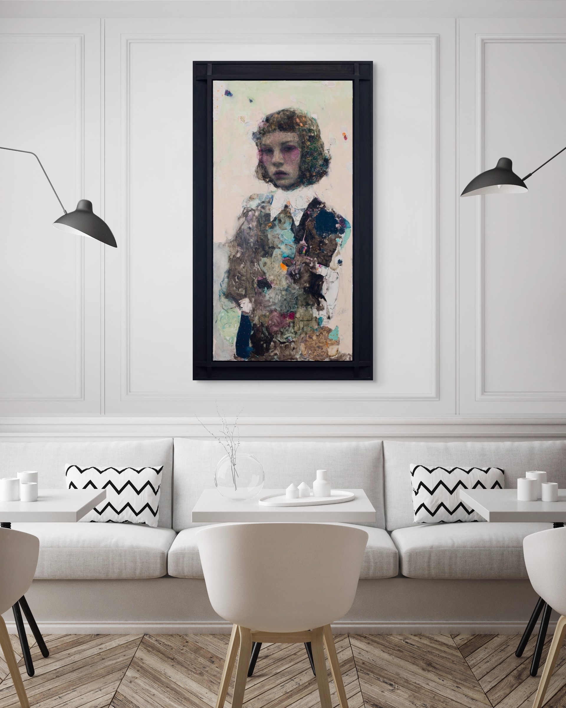 A painting of a young girl with curly hair and a white shirt.