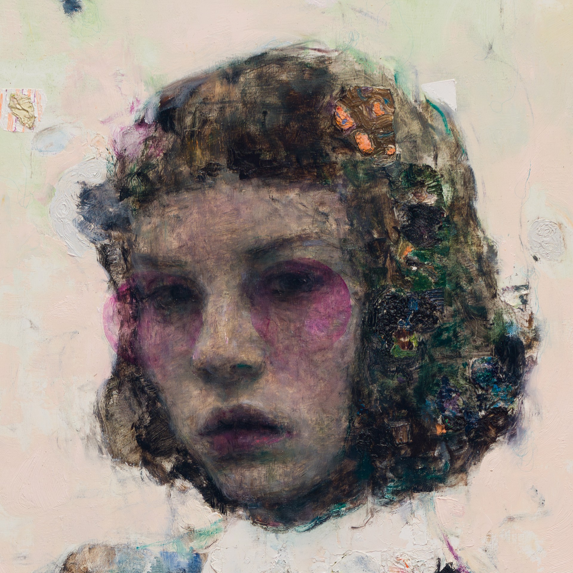 A painting of a young girl with curly hair and a white shirt.