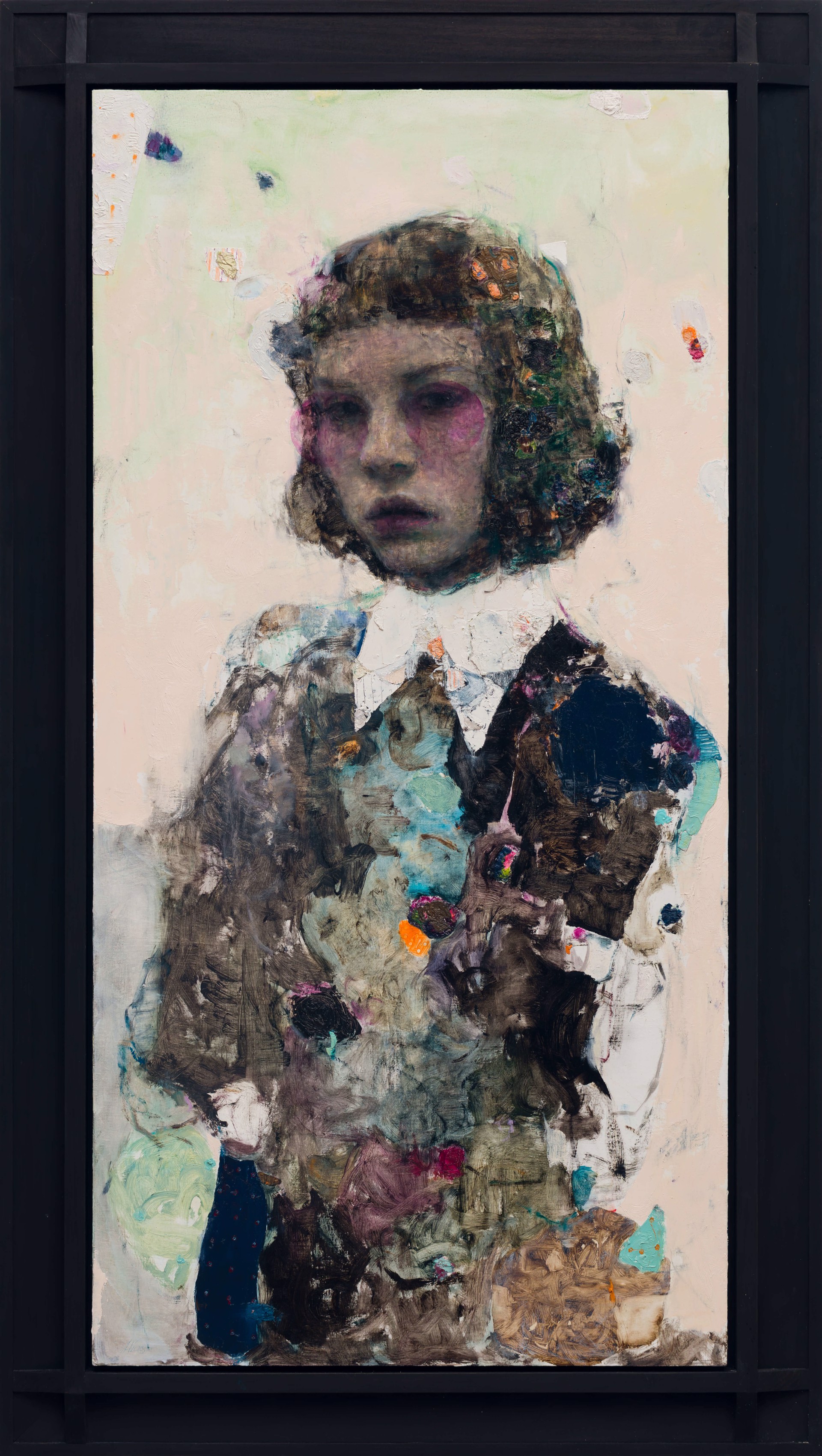 A painting of a young girl with curly hair and a white shirt.
