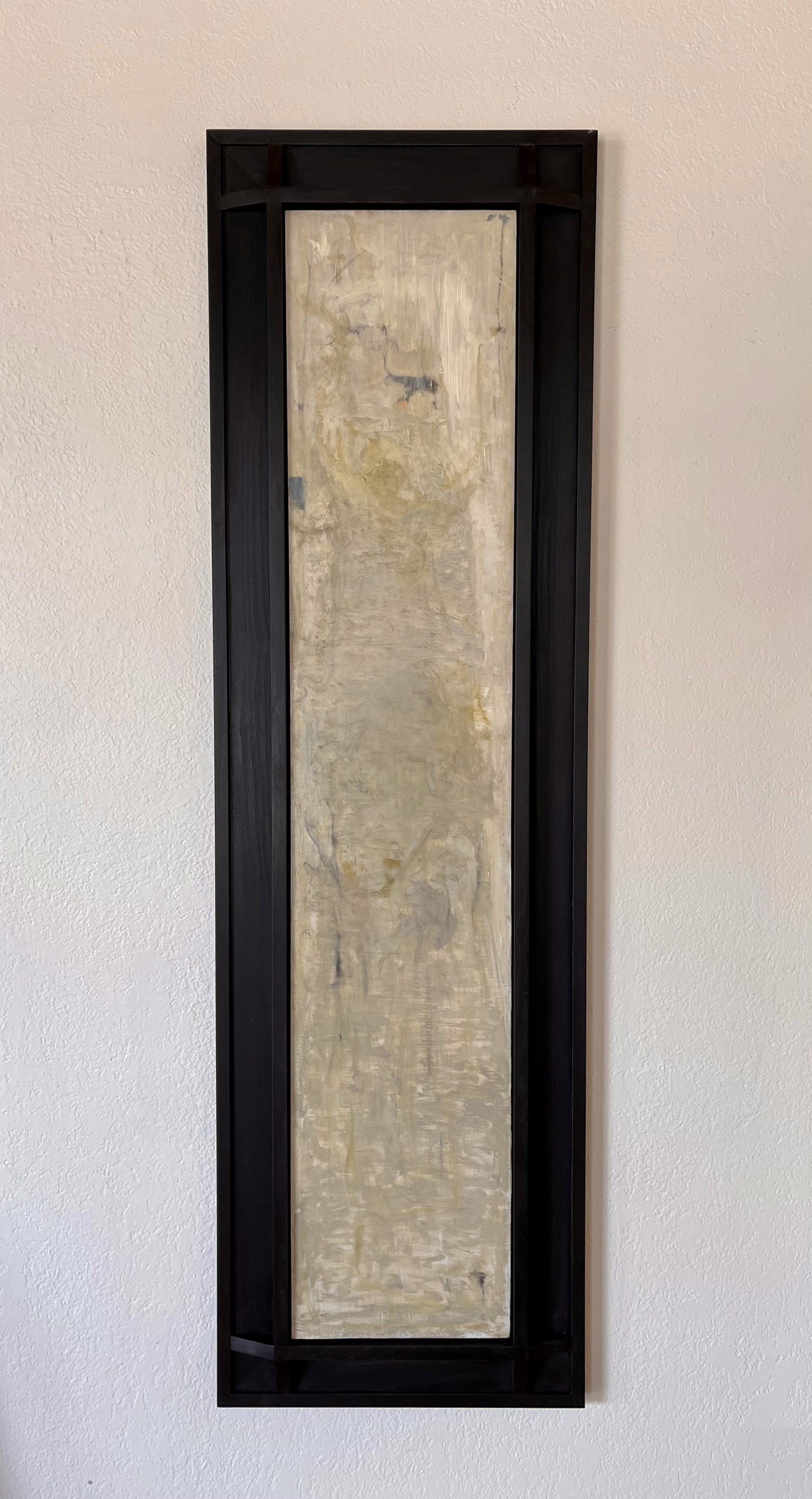 A textured abstract composition featuring a vertical wooden plank with layered paint and visible grain.