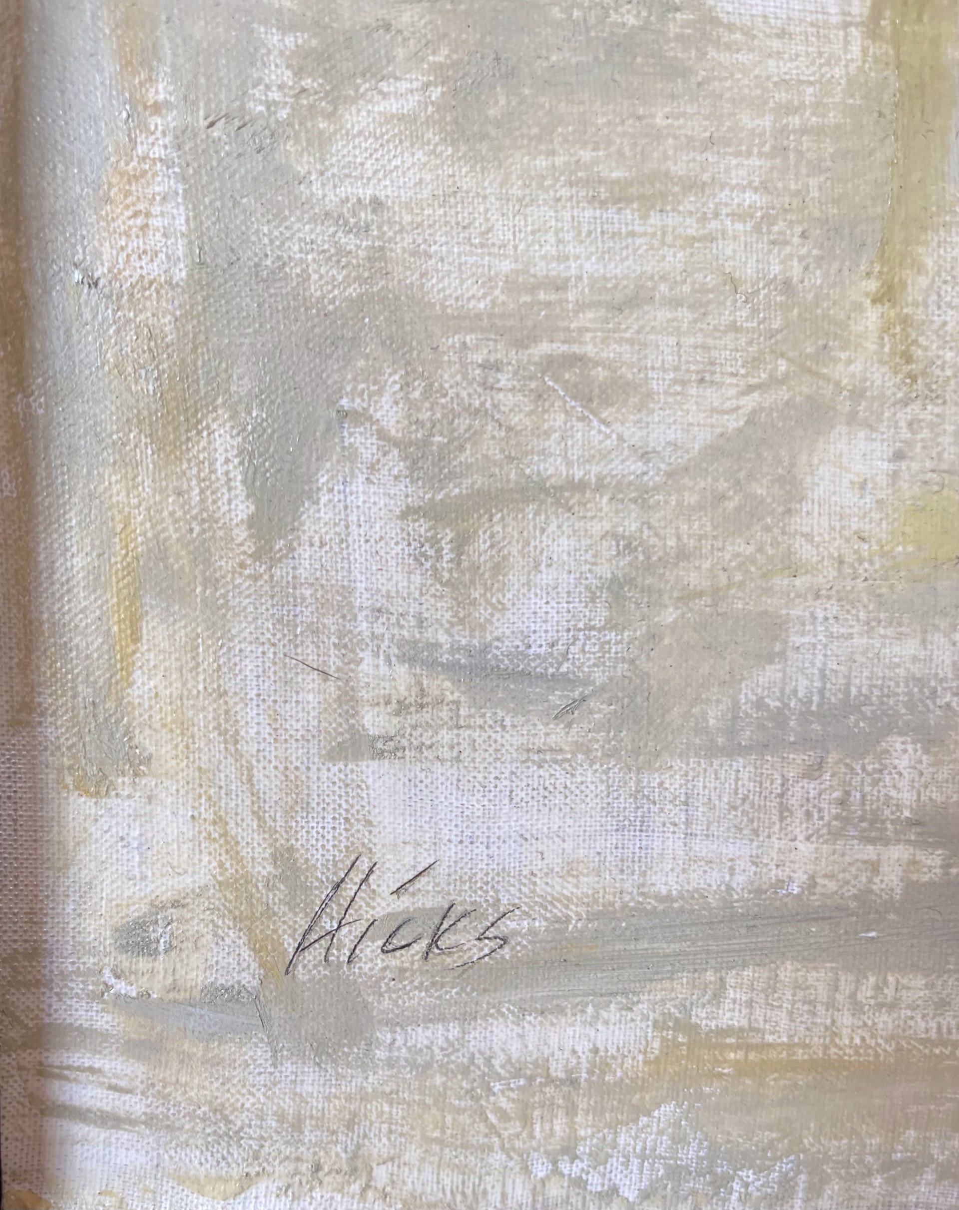 A textured abstract composition featuring a vertical wooden plank with layered paint and visible grain.