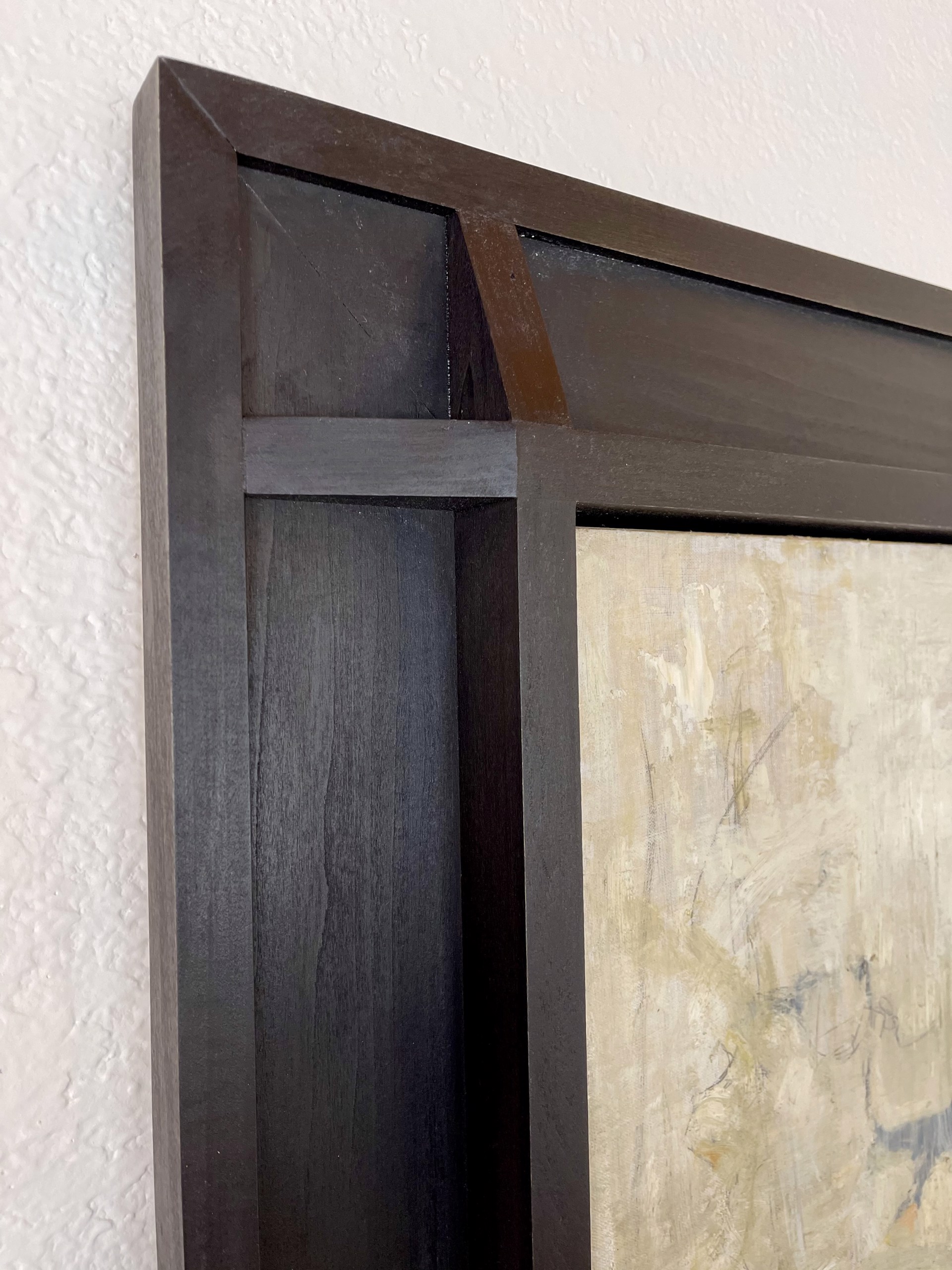 A textured abstract composition featuring a vertical wooden plank with layered paint and visible grain.