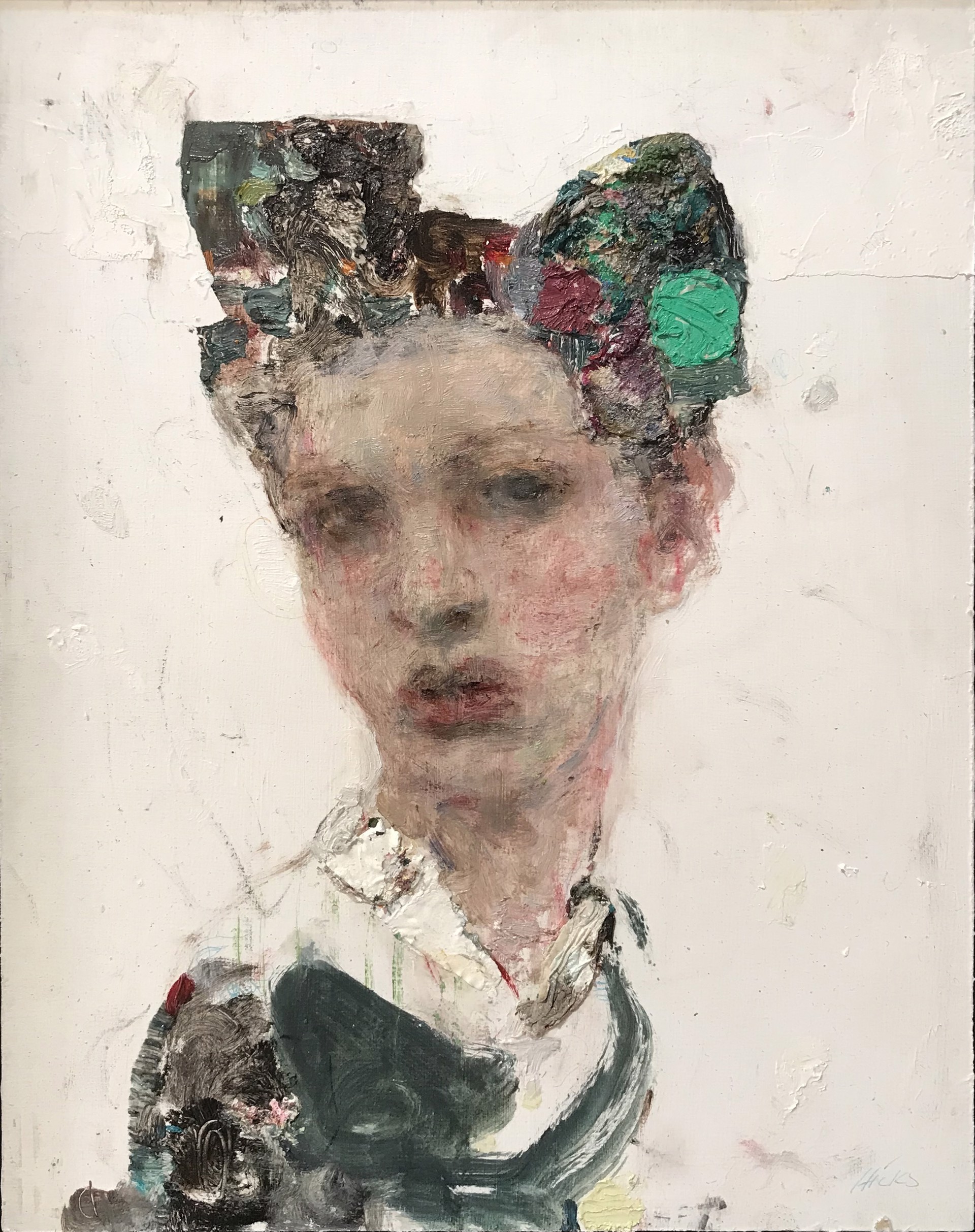 A painting of a woman with a flower in her hair.
