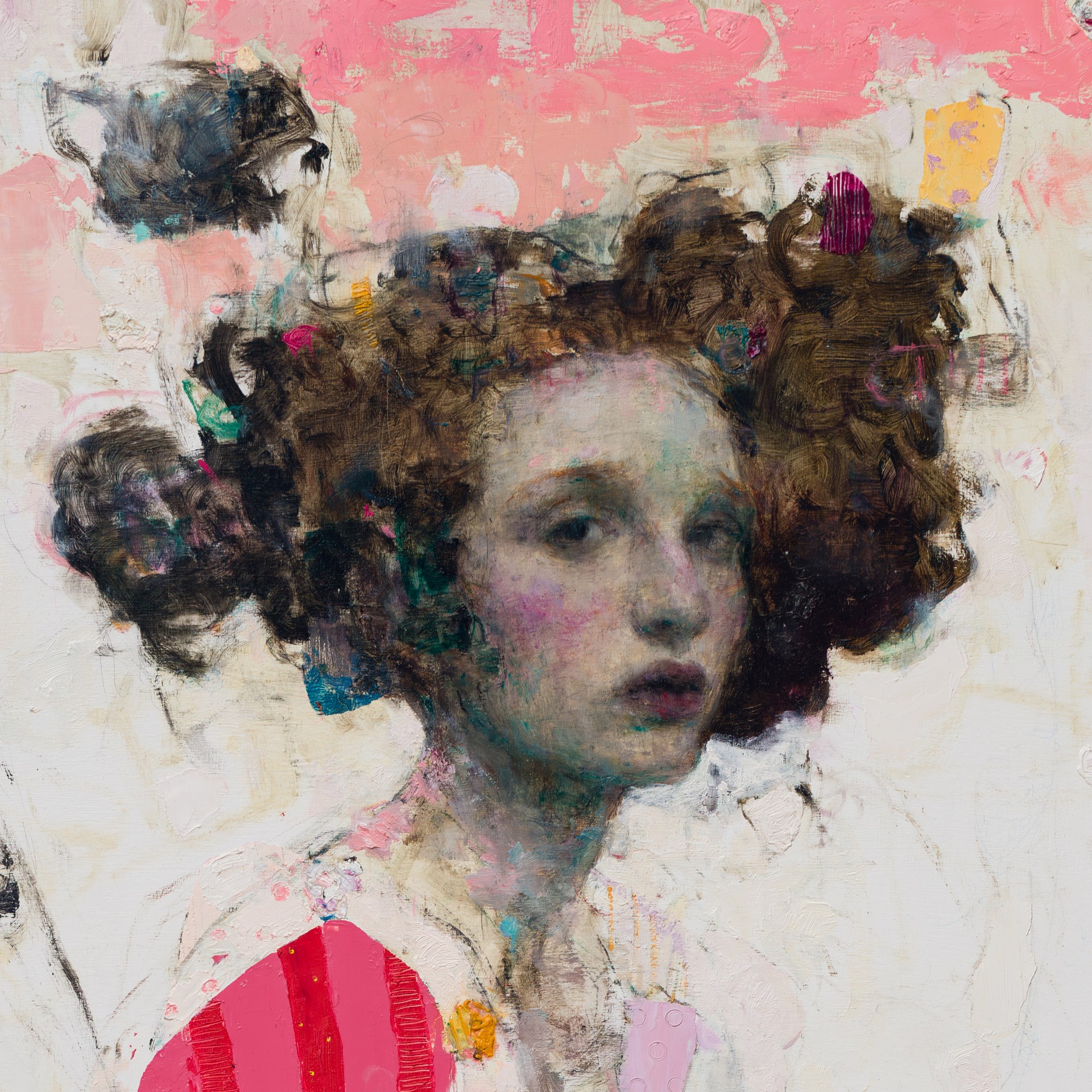 A painting of a woman in a pink dress.