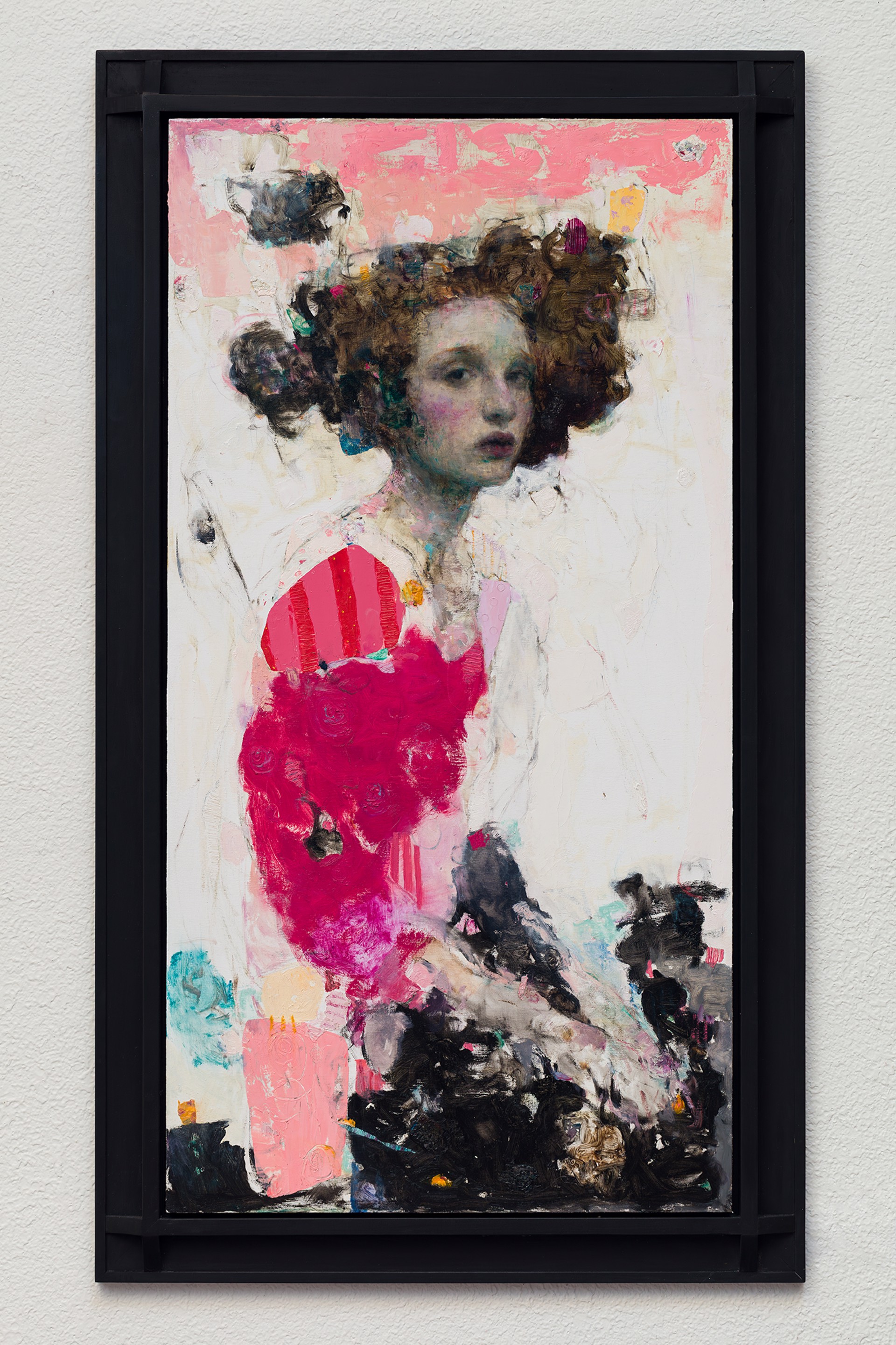 A painting of a woman in a pink dress.