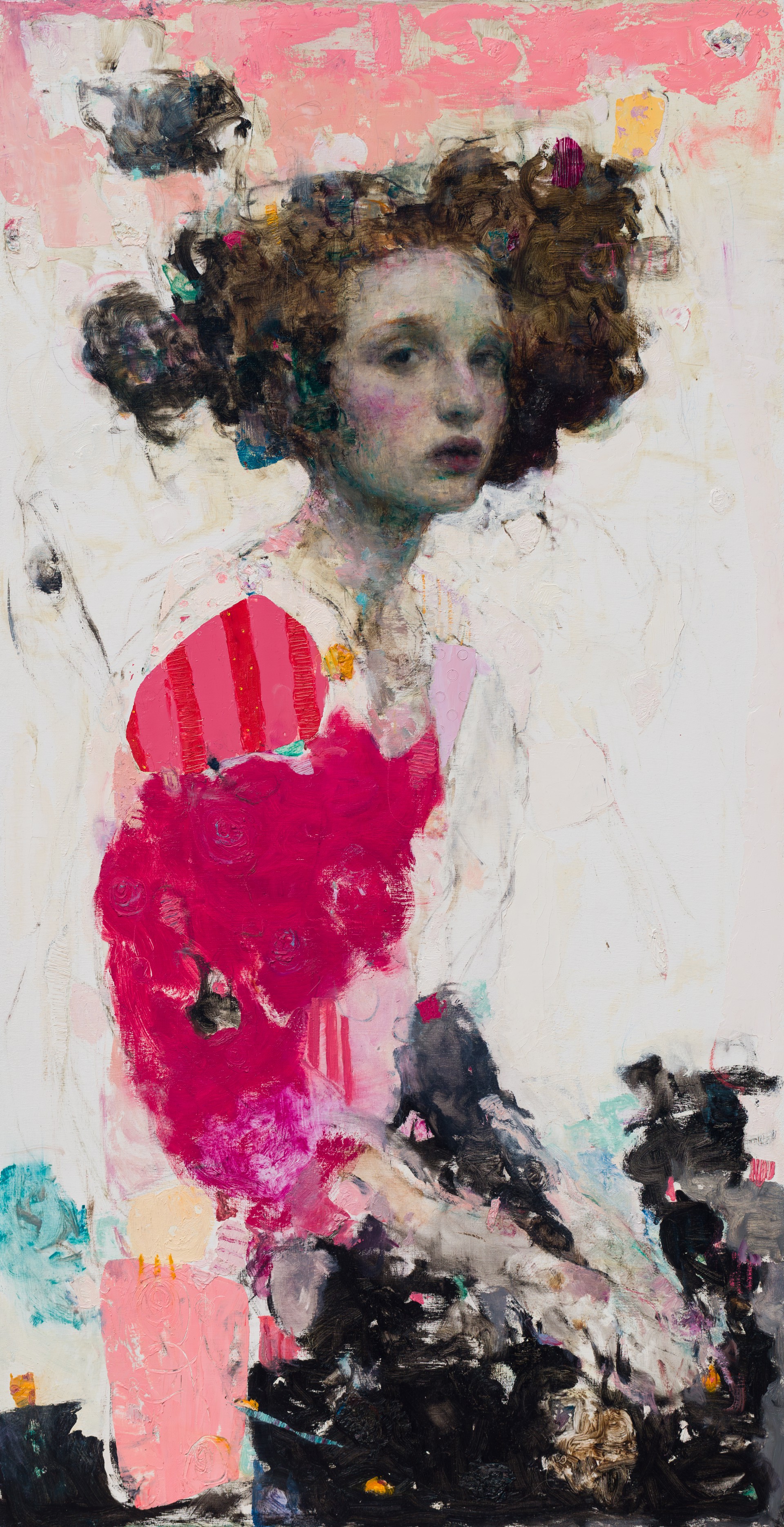 A painting of a woman in a pink dress.