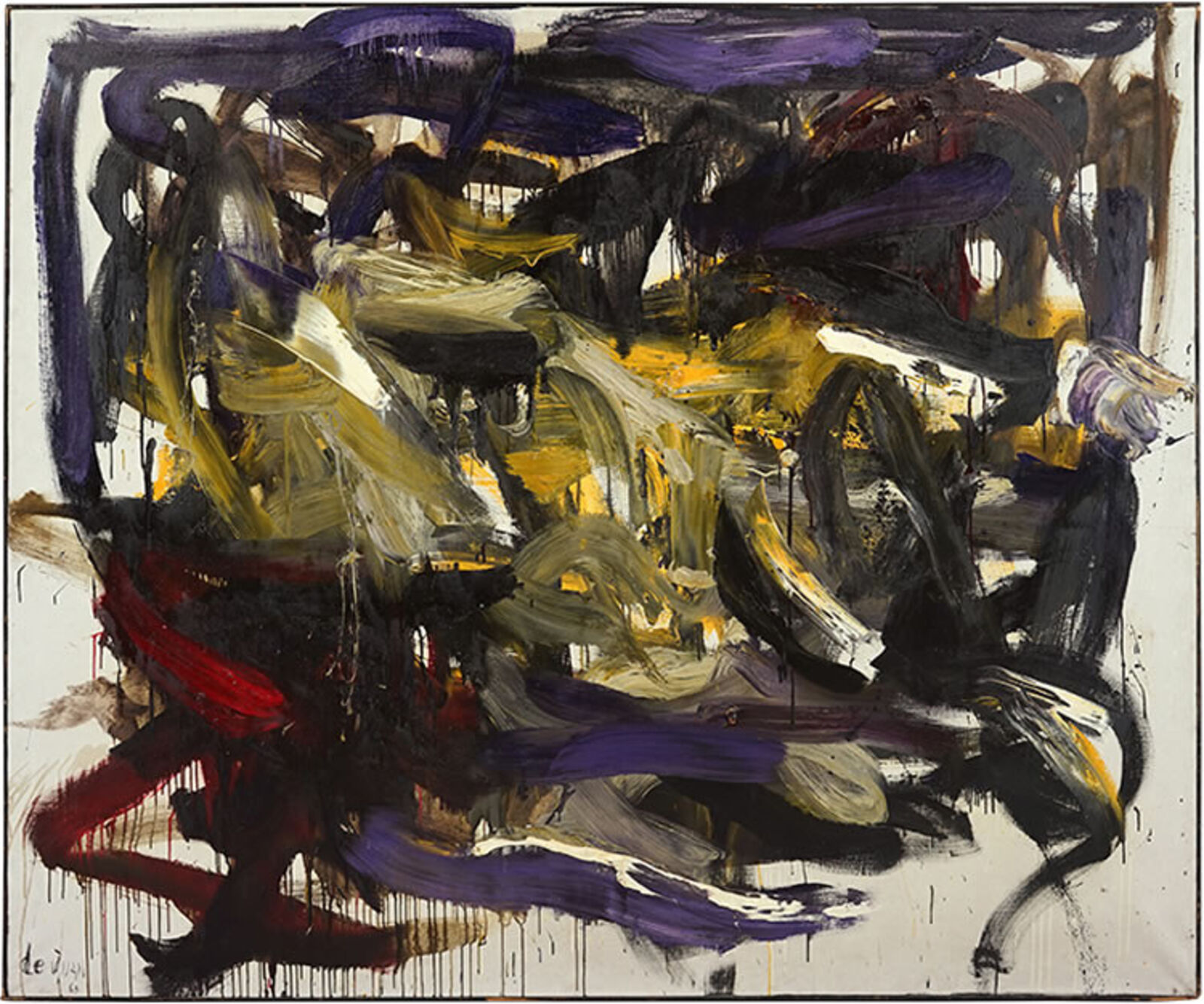 A painting with black, yellow, purple, and red paint on it.