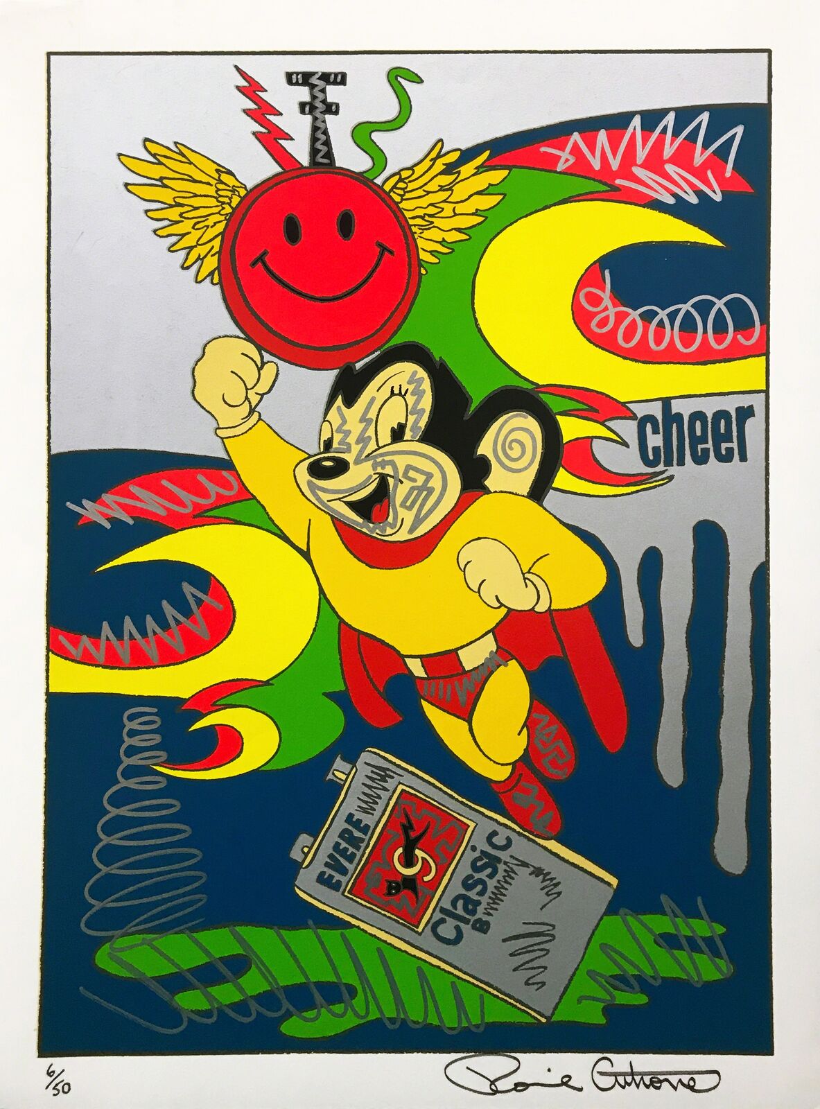 A painting of a cartoon character holding a smiley face.