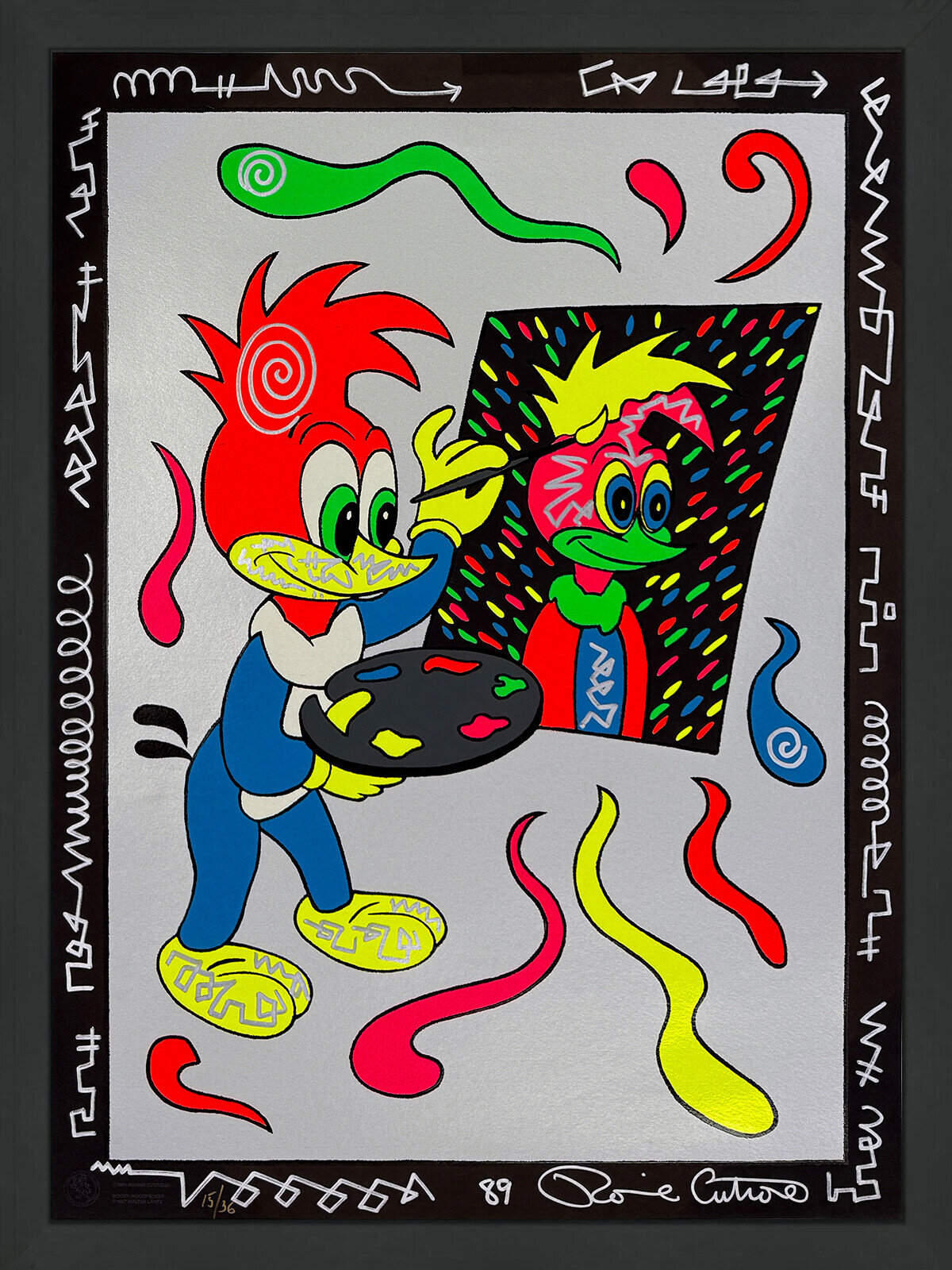 A cartoon character in a blue suit paints a colorful portrait of itself while surrounded by abstract shapes and swirling lines.