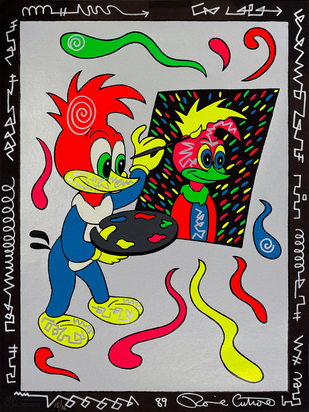 A cartoon character in a blue suit paints a colorful portrait of itself while surrounded by abstract shapes and swirling lines.
