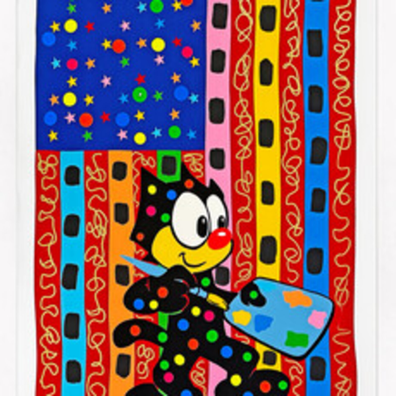 A colorful cartoon cat holding a paint palette stands before a vibrant, patterned background.