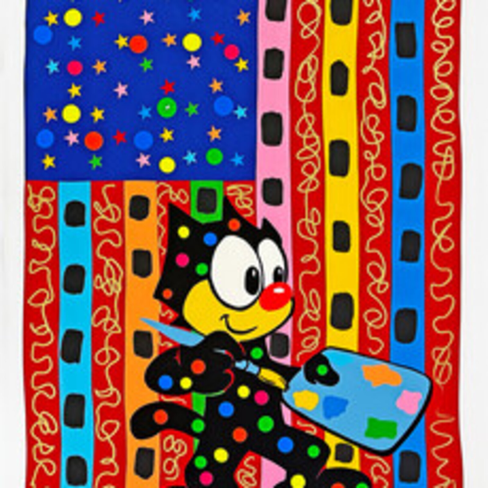 A colorful cartoon cat holding a paint palette stands before a vibrant, patterned background.