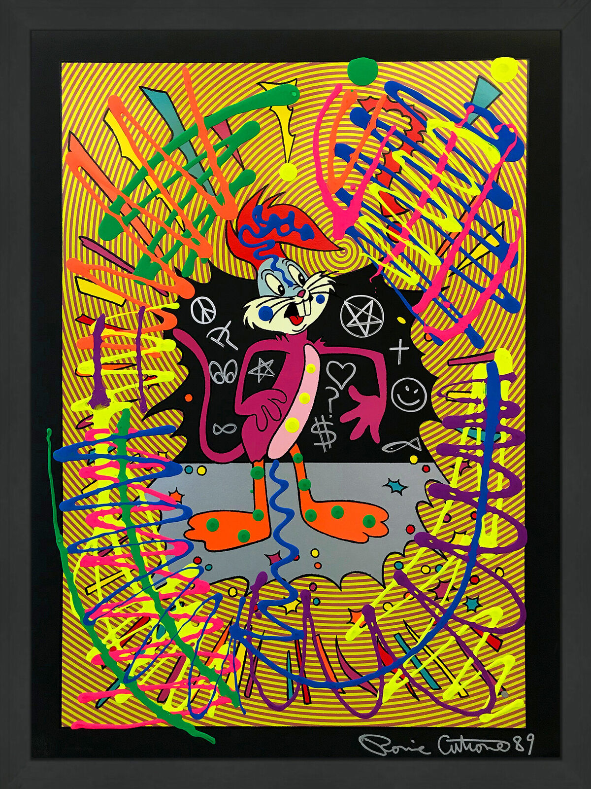 A painting of a cartoon character in a black frame.