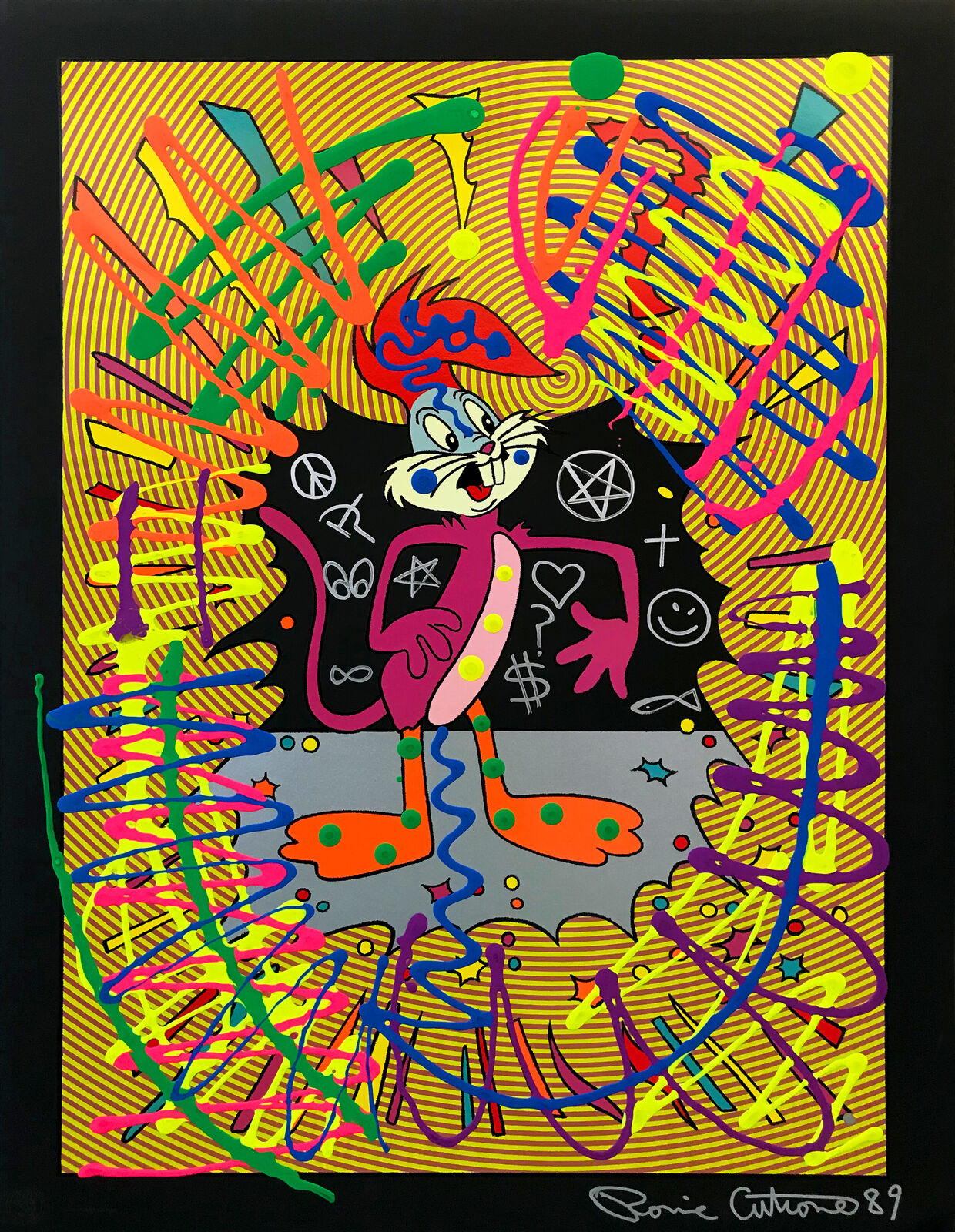 A painting of a cartoon character in a black frame.