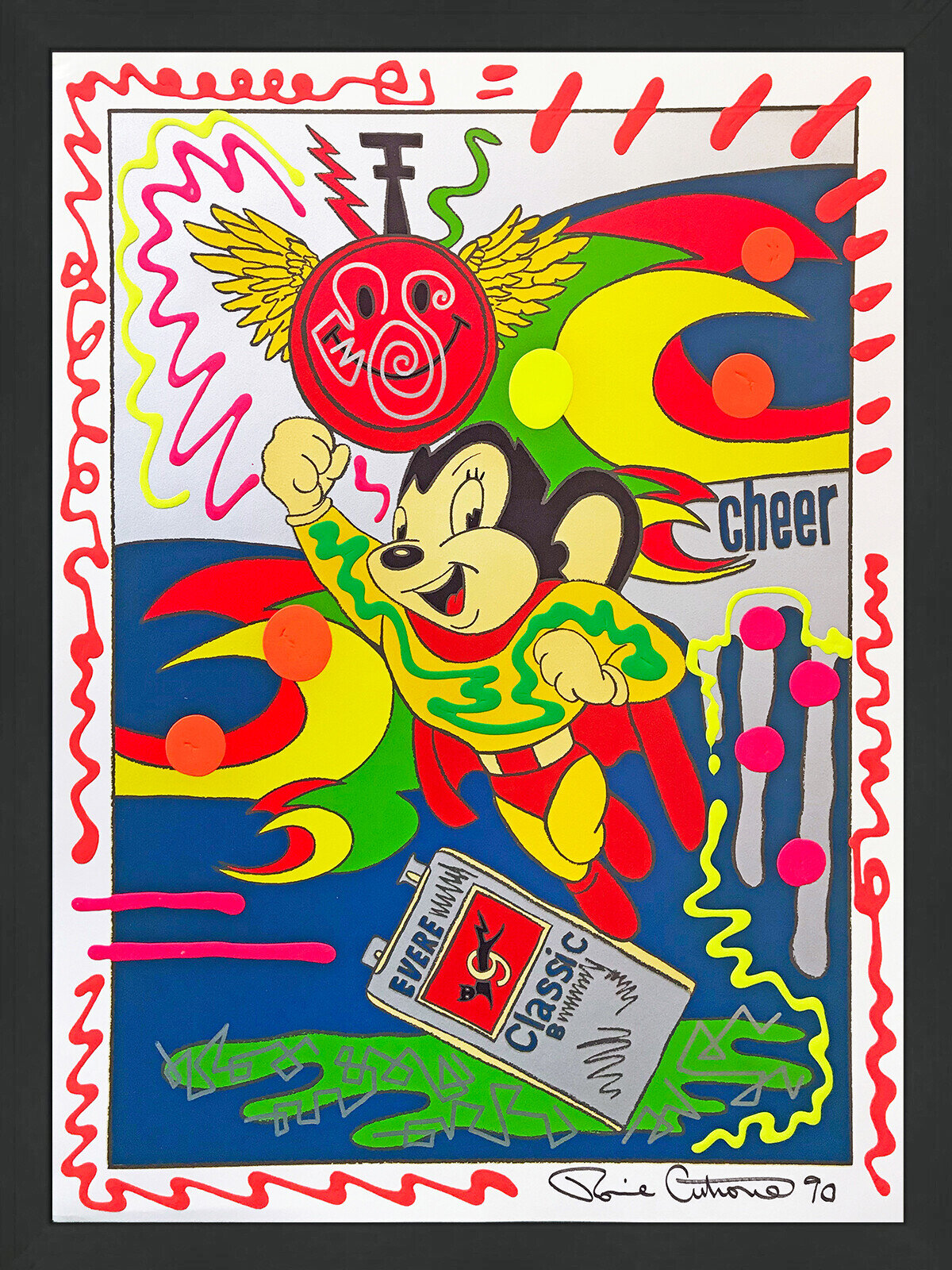 A vibrant, pop-art style illustration of a cartoon mouse in a superhero pose surrounded by abstract shapes and bright colors.