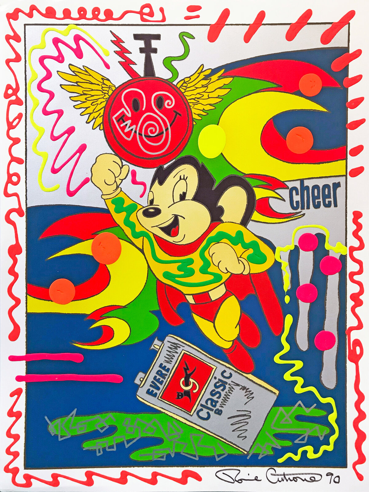 A vibrant, pop-art style illustration of a cartoon mouse in a superhero pose surrounded by abstract shapes and bright colors.