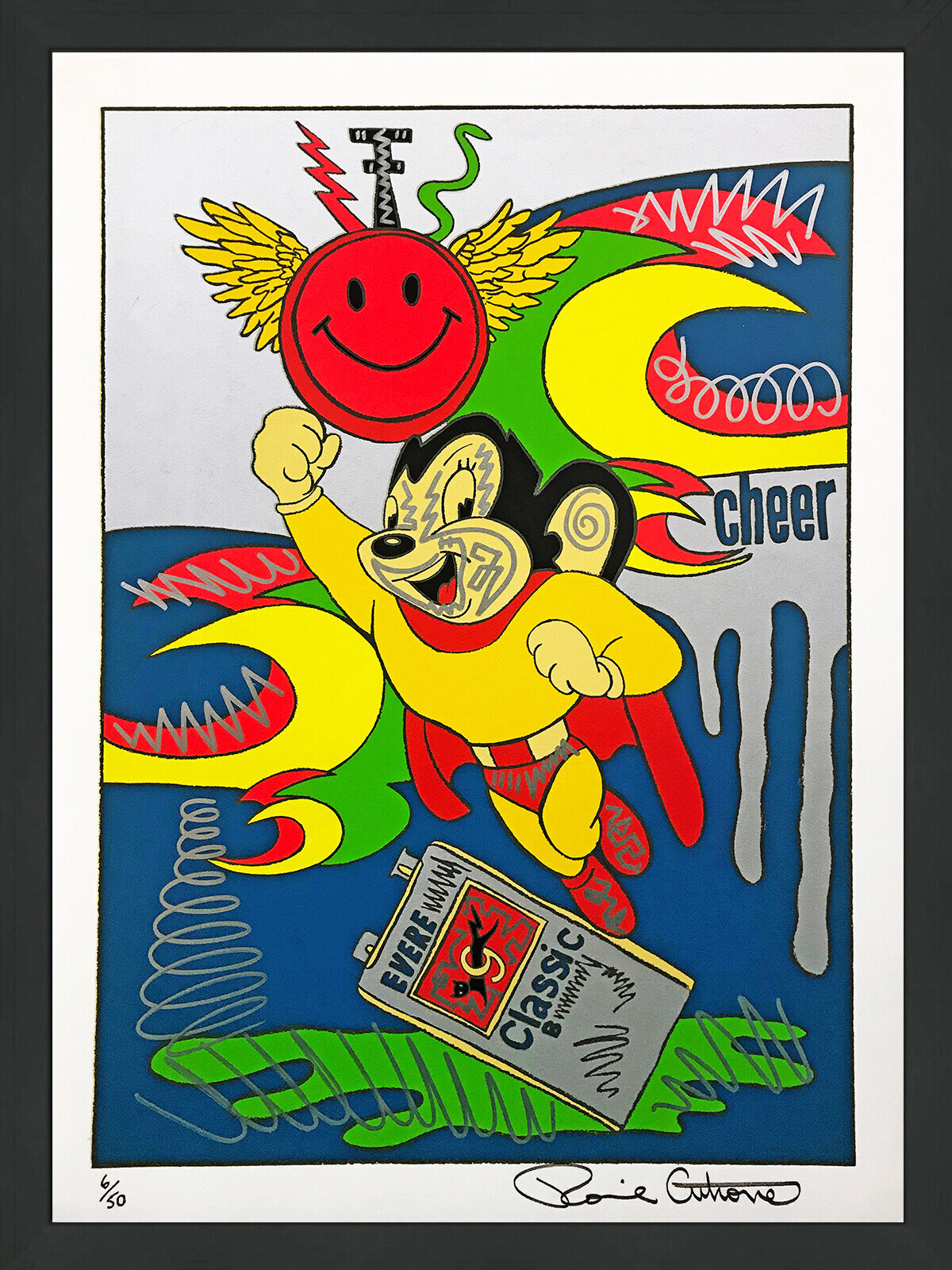 A vibrant pop-art print featuring a yellow superhero figure soaring through a chaotic, colorful background.