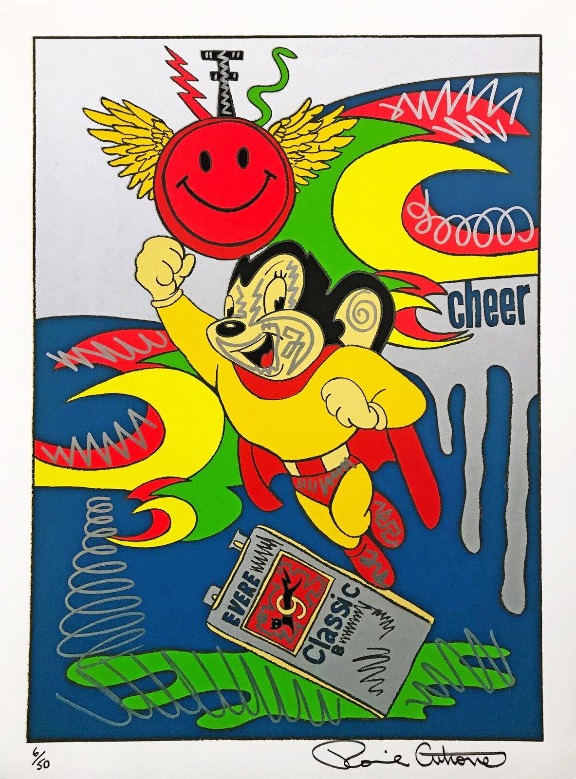 A vibrant pop-art print featuring a yellow superhero figure soaring through a chaotic, colorful background.