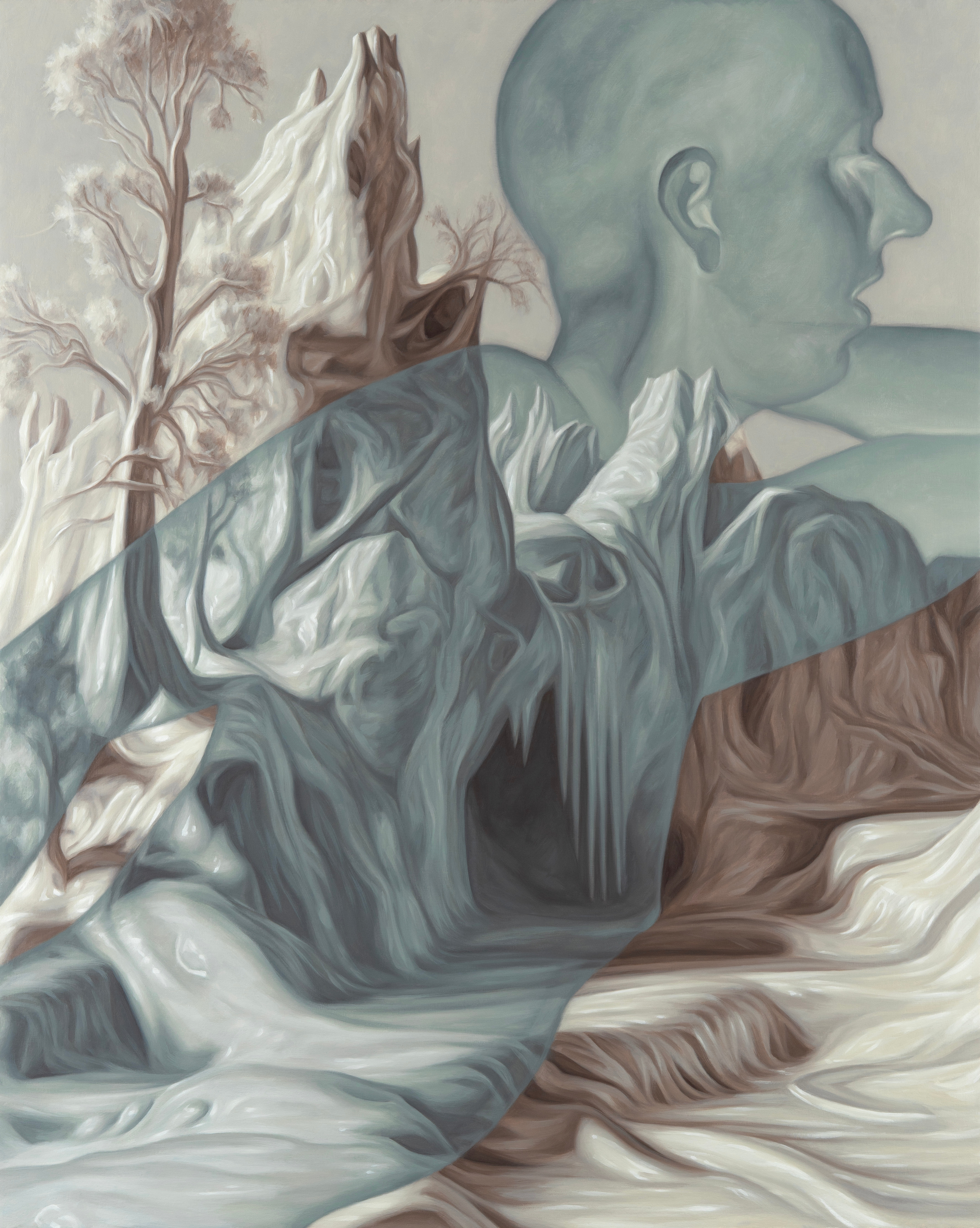 A painting of a man sitting in the middle of a body of water.