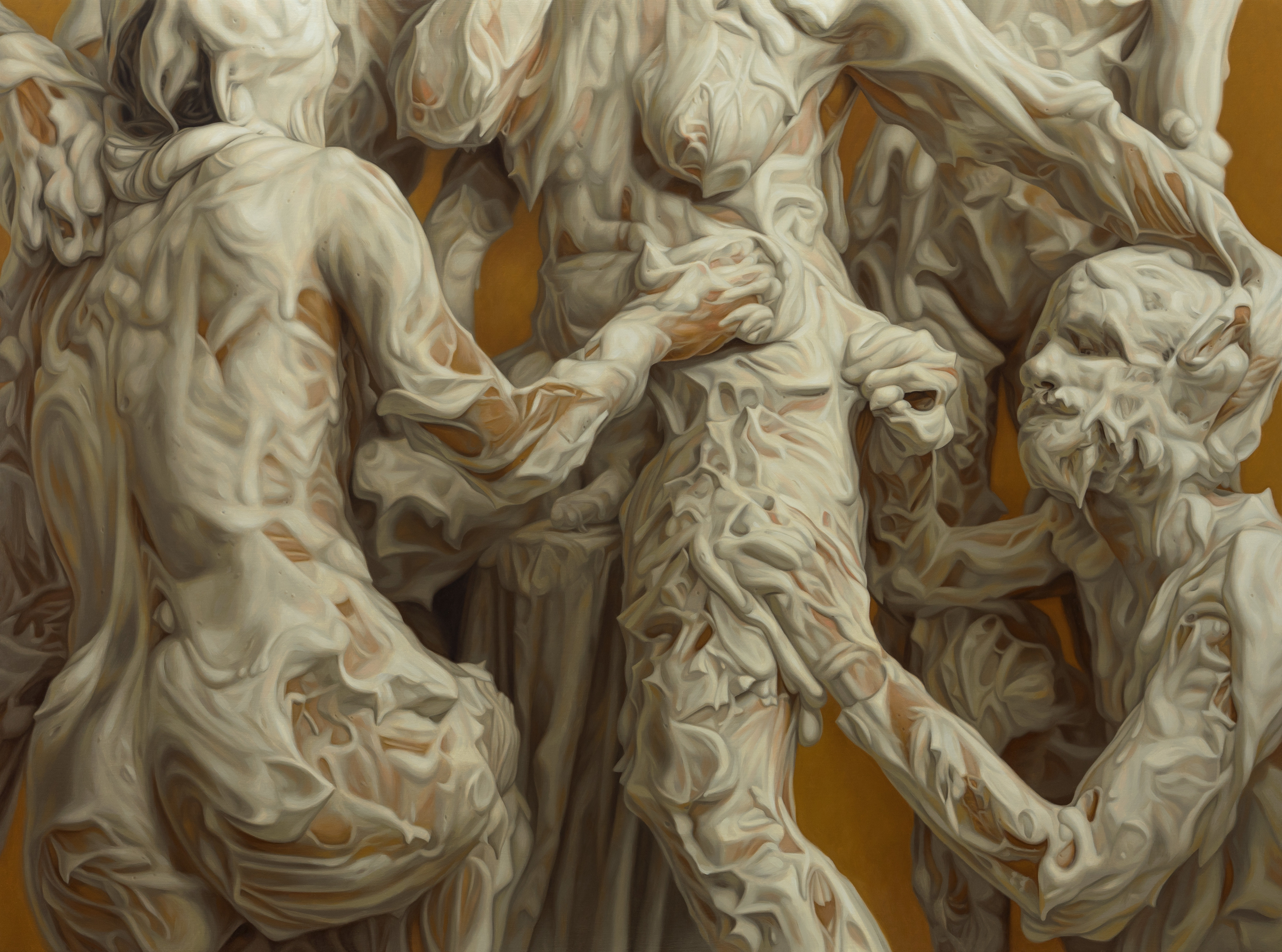 A painting of a group of people holding hands.